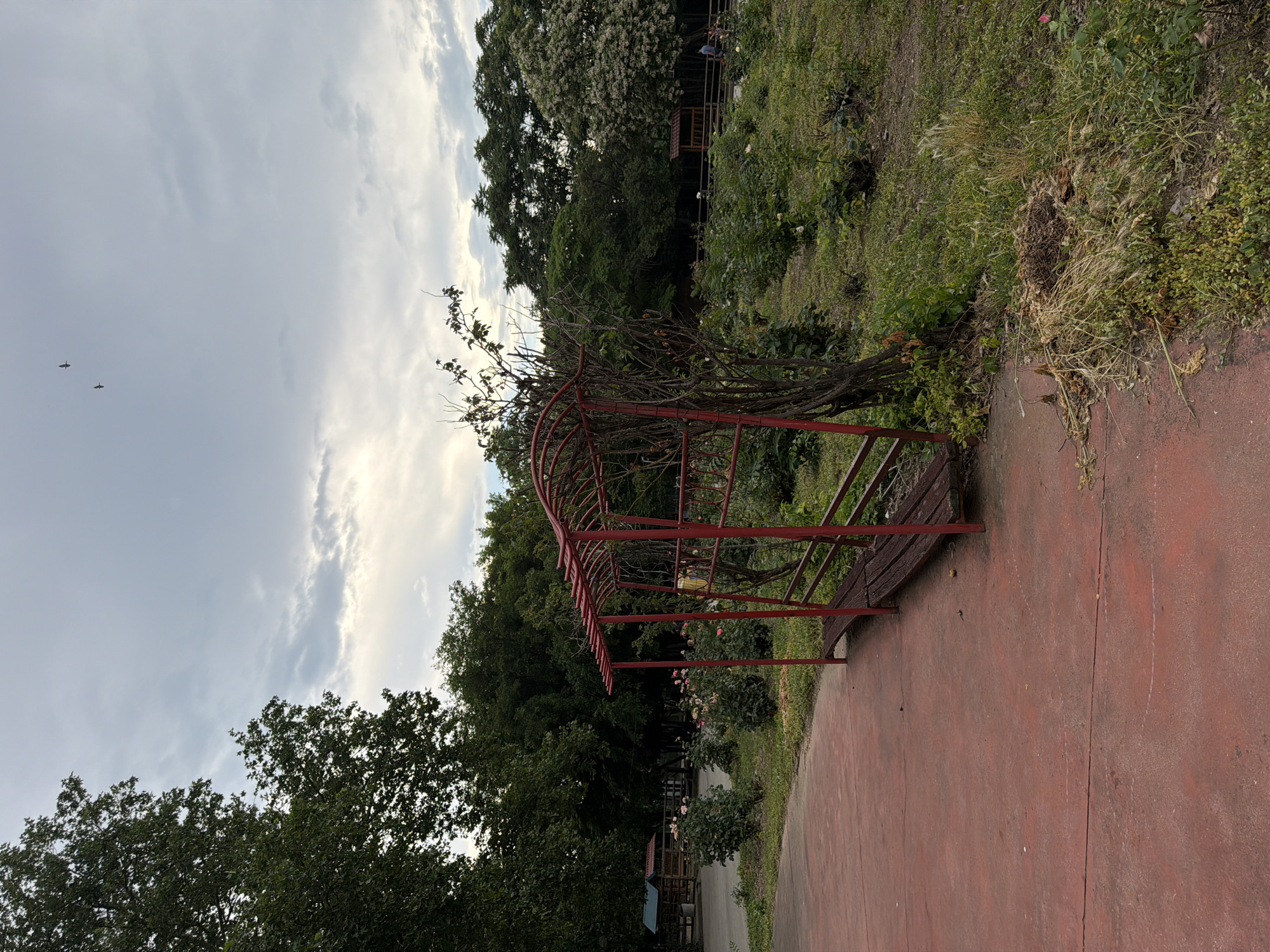 The image shows a park scene in Pazardzhik, Bulgaria, with a red-painted metal archway and bench in the foreground, partially covered by overgrown vegetation. A red-colored paved path curves to the left. In the background, there are rose bushes, a wooden gazebo, and mature trees under a cloudy sky with two birds in flight. The overall impression is one of a tranquil, somewhat unkempt, public garden space.