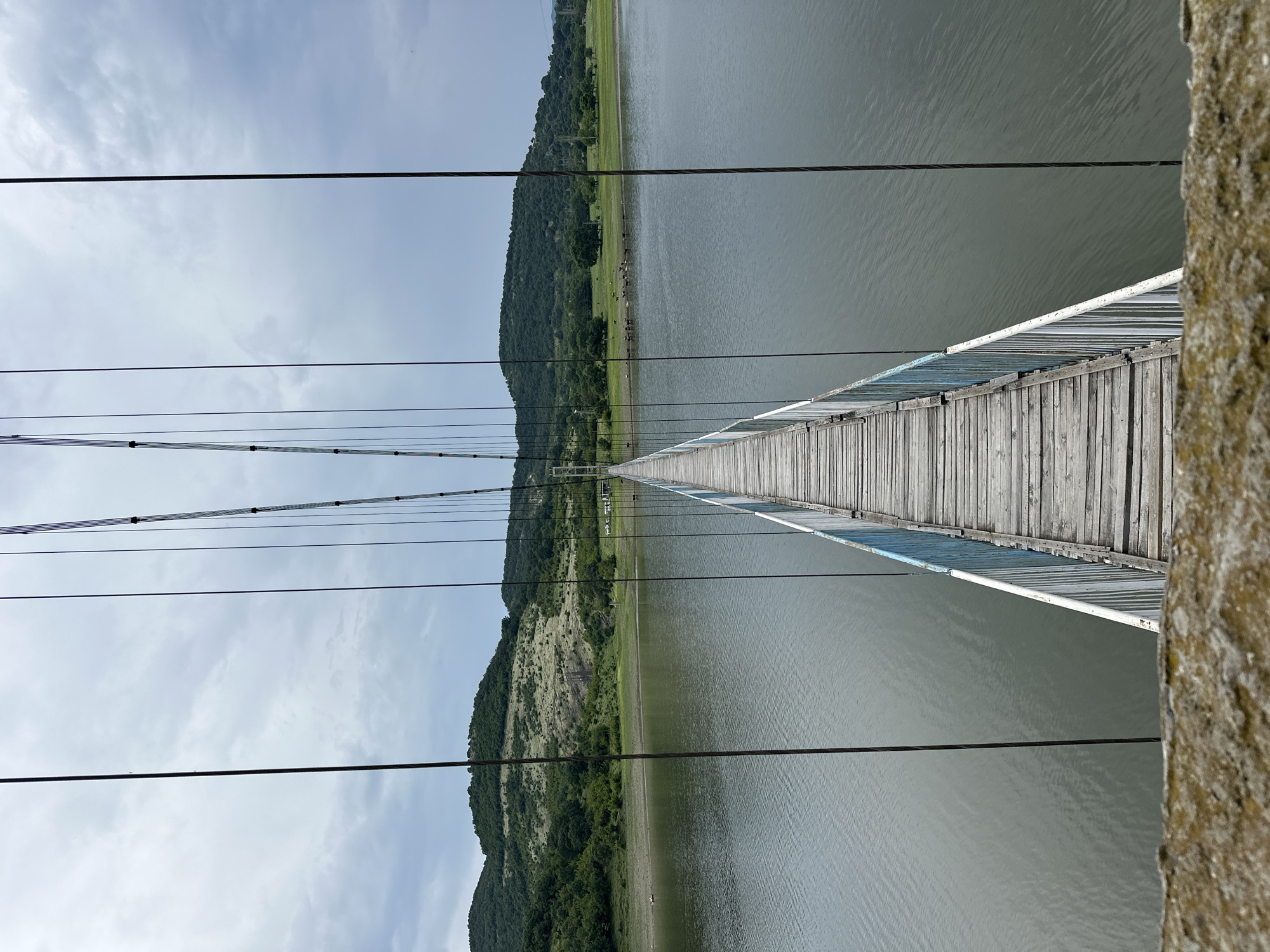 The image depicts a long, narrow suspension footbridge extending across a body of water, likely a reservoir, in Lisitsite, Bulgaria, under an overcast sky. The perspective is from the beginning of the bridge, looking straight along its length towards the distant shore.
In the immediate foreground, a rough, textured concrete or stone edge marks the starting point, partially obscuring the view downwards. The bridge deck is constructed from weathered, light-colored wooden planks, forming a path that visually narrows into the distance. On both sides, metal railings with sections painted light blue and white run the entire visible length of the bridge. Numerous dark suspension cables are visible vertically on both sides of the frame, supporting the structure and converging towards the far end.
The water below the bridge is calm, exhibiting a dark grey-green hue with subtle ripples on its surface, indicating gentle movement.
The distant shore features undulating green hills covered in dense vegetation and scattered trees. Patches of lighter, possibly rocky or dry grass, are visible on some slopes. On the far-right side of the distant shore, several white vehicles, resembling cars or vans, are parked in a clearing near the water's edge. To their left, a herd of dark-colored animals, likely livestock such as cows or goats, are gathered close to the waterline. On the far-left side of the distant shore, a small, white, indistinct object is present near the water. The sky is largely overcast, displaying a uniform light grey with varying cloud densities. No people are visible in the scene.