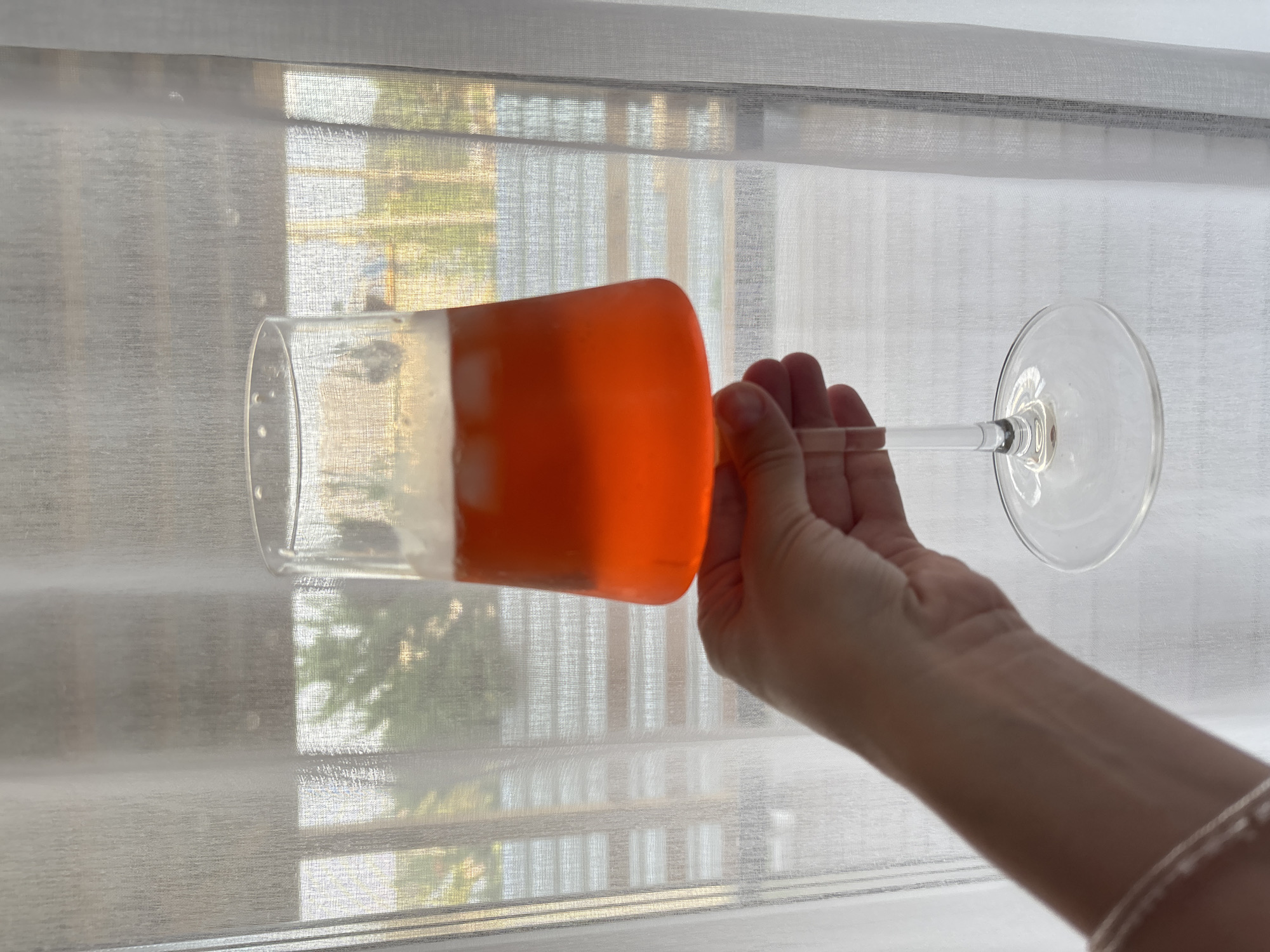 A hand holds a stemmed glass filled with an orange beverage and ice. The glass is positioned in front of a sheer white curtain, which is drawn across a window. Through the curtain, a blurry outdoor scene with trees and possibly buildings can be seen. The overall lighting suggests it is daytime.