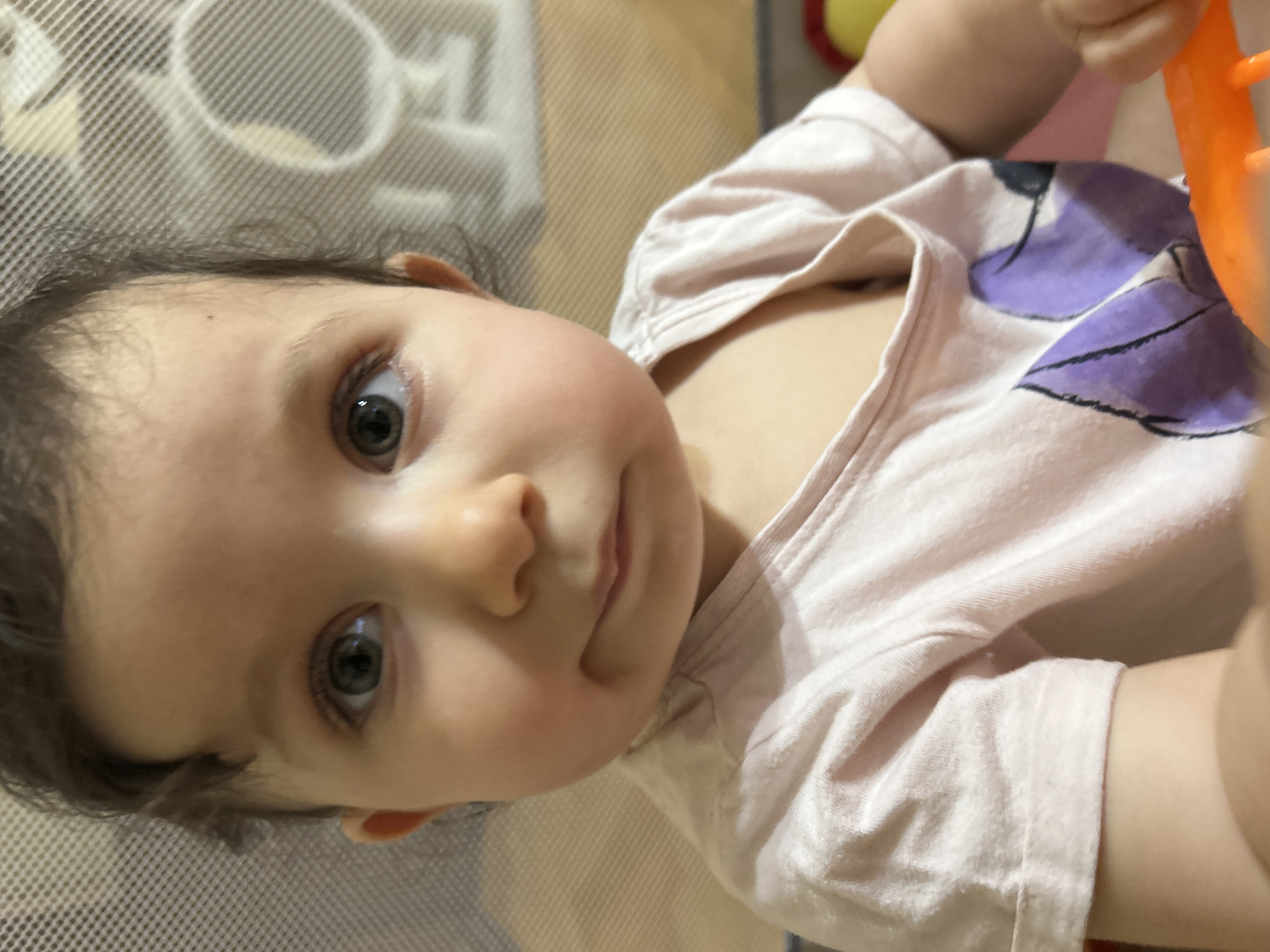 A close-up, eye-level shot captures a young infant, likely less than a year old, looking directly at the camera. The infant has dark hair and large, dark eyes. They are wearing a light pink t-shirt with a purple floral design. The background is out of focus, but appears to be a playpen or crib with a mesh-like texture on the left and a patterned fabric on the right. The lighting is soft, suggesting an indoor setting. The overall impression is one of candid portraiture. There is no information to indicate the location in Sofia, Bulgaria.