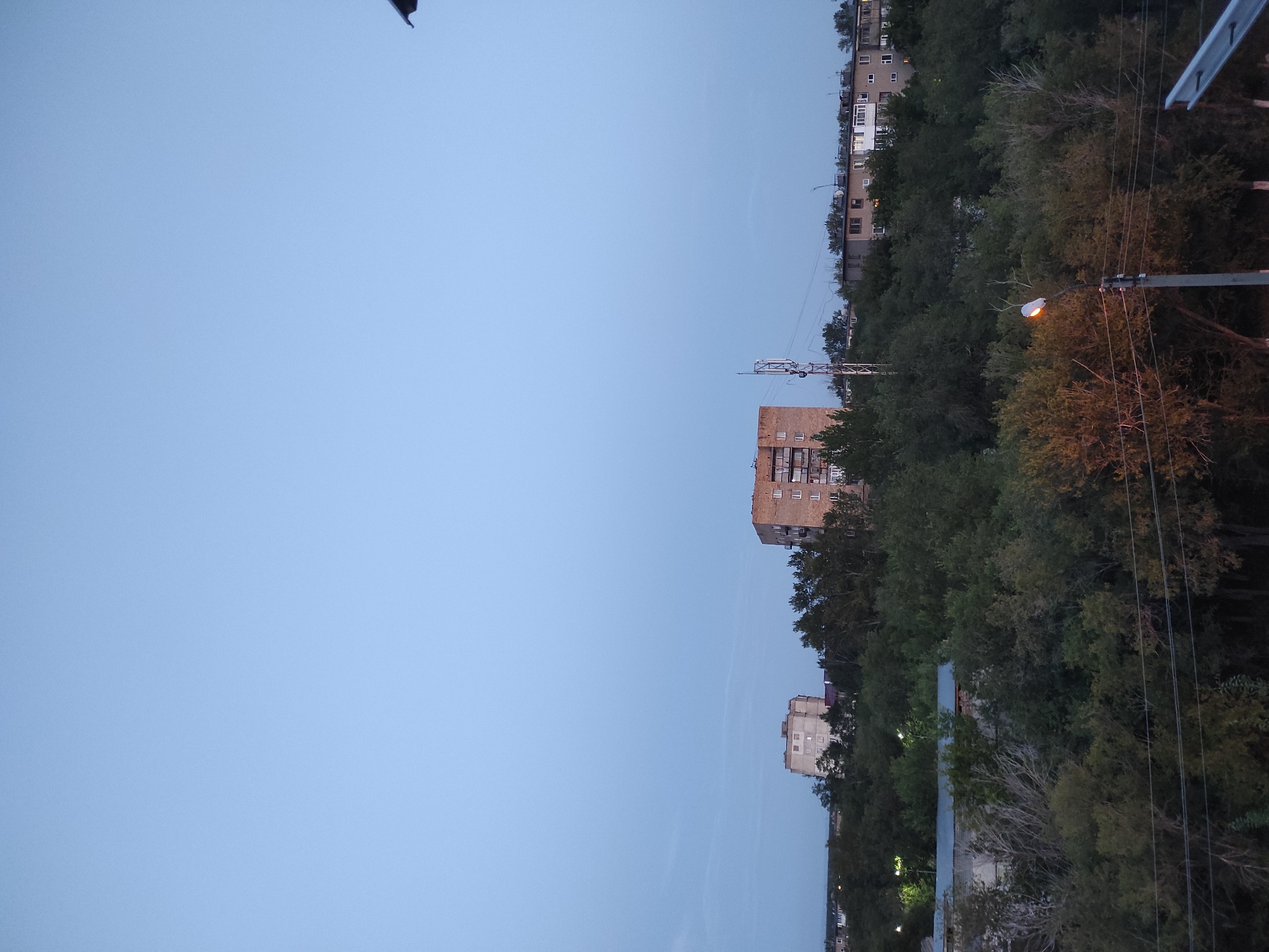 The image depicts an outdoor scene at dusk, likely in the city of Shakhtinsk, Kazakhstan, overlooking a residential area. In the background, several multi-story apartment buildings are visible, constructed with brick and concrete. Some buildings are lit, suggesting that people are inside their homes. The foreground is dominated by a dense growth of trees and foliage, obscuring much of the lower portion of the buildings and the ground. A street lamp with its light illuminated is prominently featured on the right side of the image, casting a warm glow on the surrounding trees. Power lines are strung across the lower part of the frame. The sky is a pale blue, transitioning towards night. There are no people visible in the frame, and no specific actions or interactions are captured. The overall impression is a quiet, residential evening scene.