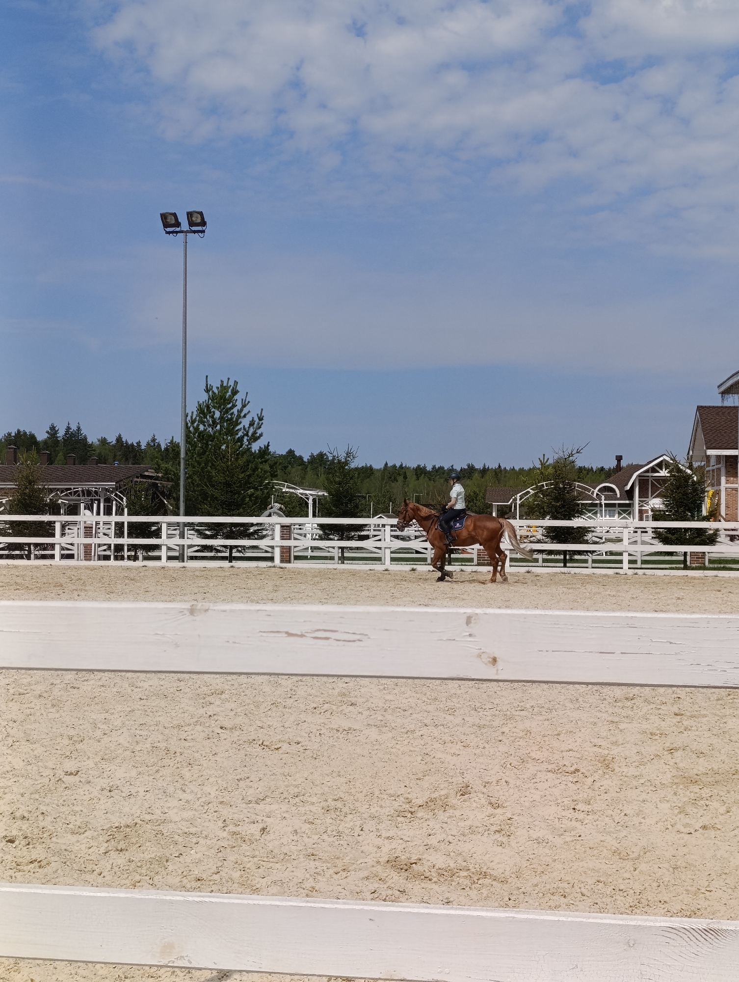 The image depicts an equestrian scene in an outdoor arena. A light brown horse with a rider is moving across the sand-covered arena. The rider is wearing a helmet, a light-colored shirt, and dark pants. The arena is enclosed by a white wooden fence.
In the background, there are trees and buildings. A tall metal pole with two spotlights is visible. The sky is blue with scattered clouds.
The location is Unknown, Unknown.