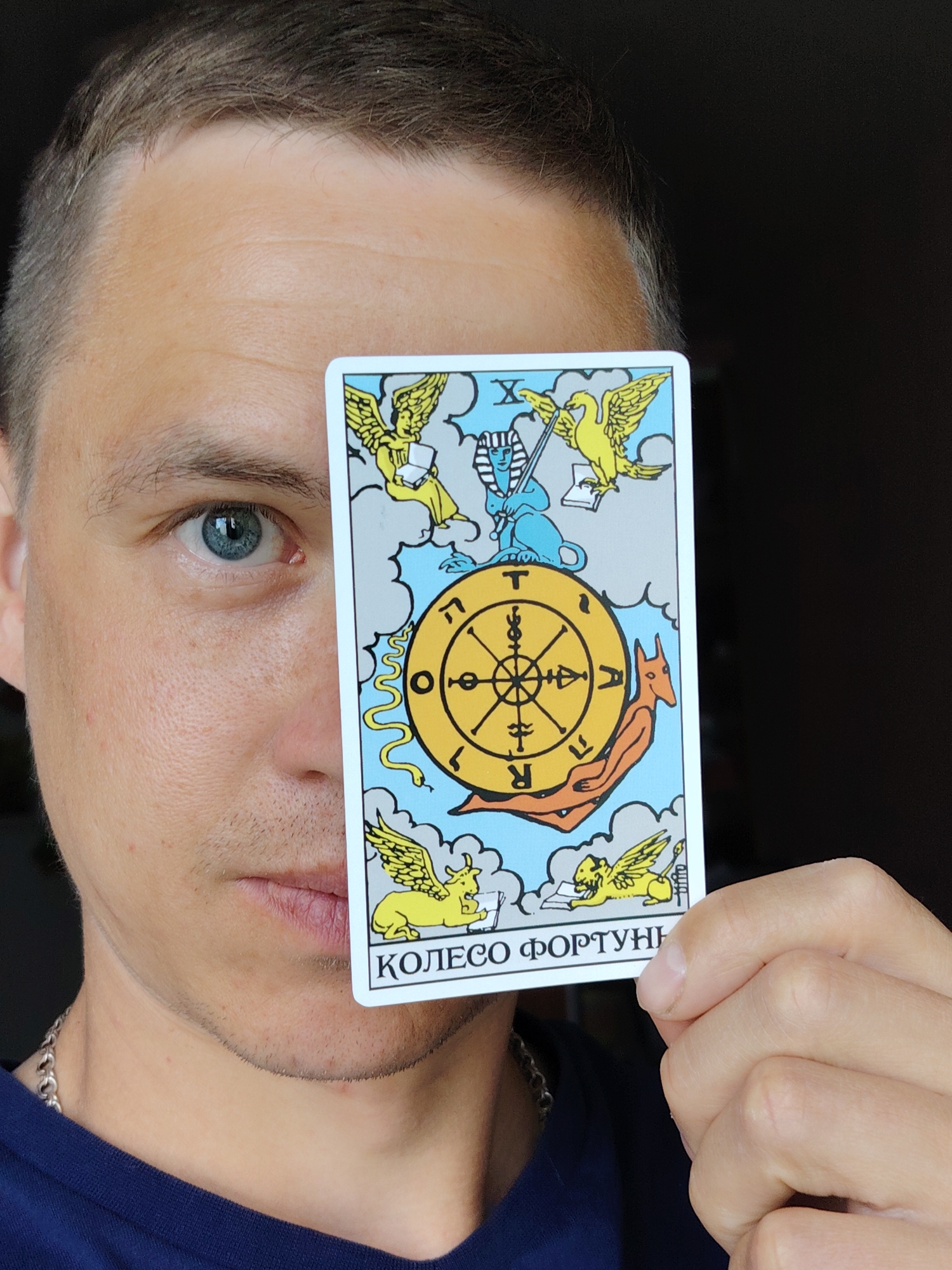 A light-skinned man is holding a tarot card in front of his face, obscuring the right side of his face from the nose down. The man has short brown hair and light blue eyes. He is wearing a navy blue shirt and a silver chain. The tarot card shows a large yellow wheel with astrological symbols surrounded by figures on clouds. The text on the card is in Russian, translating to "Wheel of Fortune". The background is dark and blurred. There is no indication of the city of Chaikovsky, Russia in the scene.
