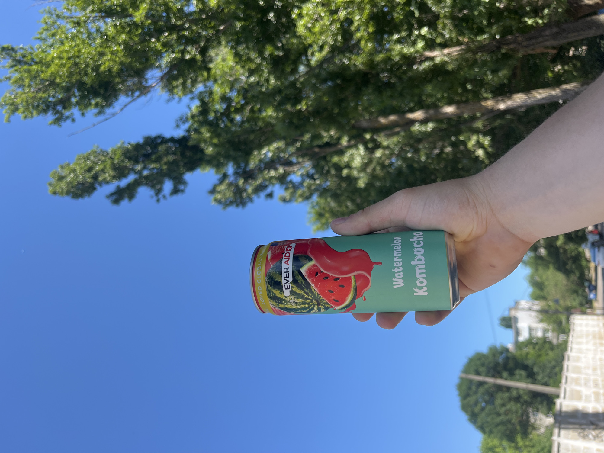 A hand holds a can of watermelon kombucha outdoors, with a bright blue sky and lush green trees in the background. The can features an image of watermelon slices and the brand name "EVER AID." In the distance, buildings and cars are visible, suggesting an urban environment. The setting is consistent with a sunny day in Odesa, Ukraine, likely in a park or residential area.