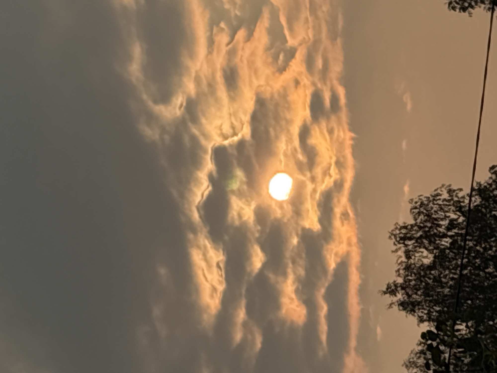 A close-up, vertical shot captures a sun peeking through dark, dramatic clouds. The sun, a bright white orb, is partially obscured by wispy, orange-tinted clouds, creating a halo effect. Some clouds are dark gray, while others are illuminated from behind by the setting sun, giving them a fiery orange and yellow hue. The sky transitions from a dark gray at the top to a lighter, orangey-tan color towards the bottom. In the foreground, the silhouetted branches of trees are visible against the muted sky, with a thin, dark horizontal line, possibly a wire, stretching across the lower portion of the frame. The scene is likely an outdoor setting, possibly a park or a residential area, in Dubrovino, Russia.