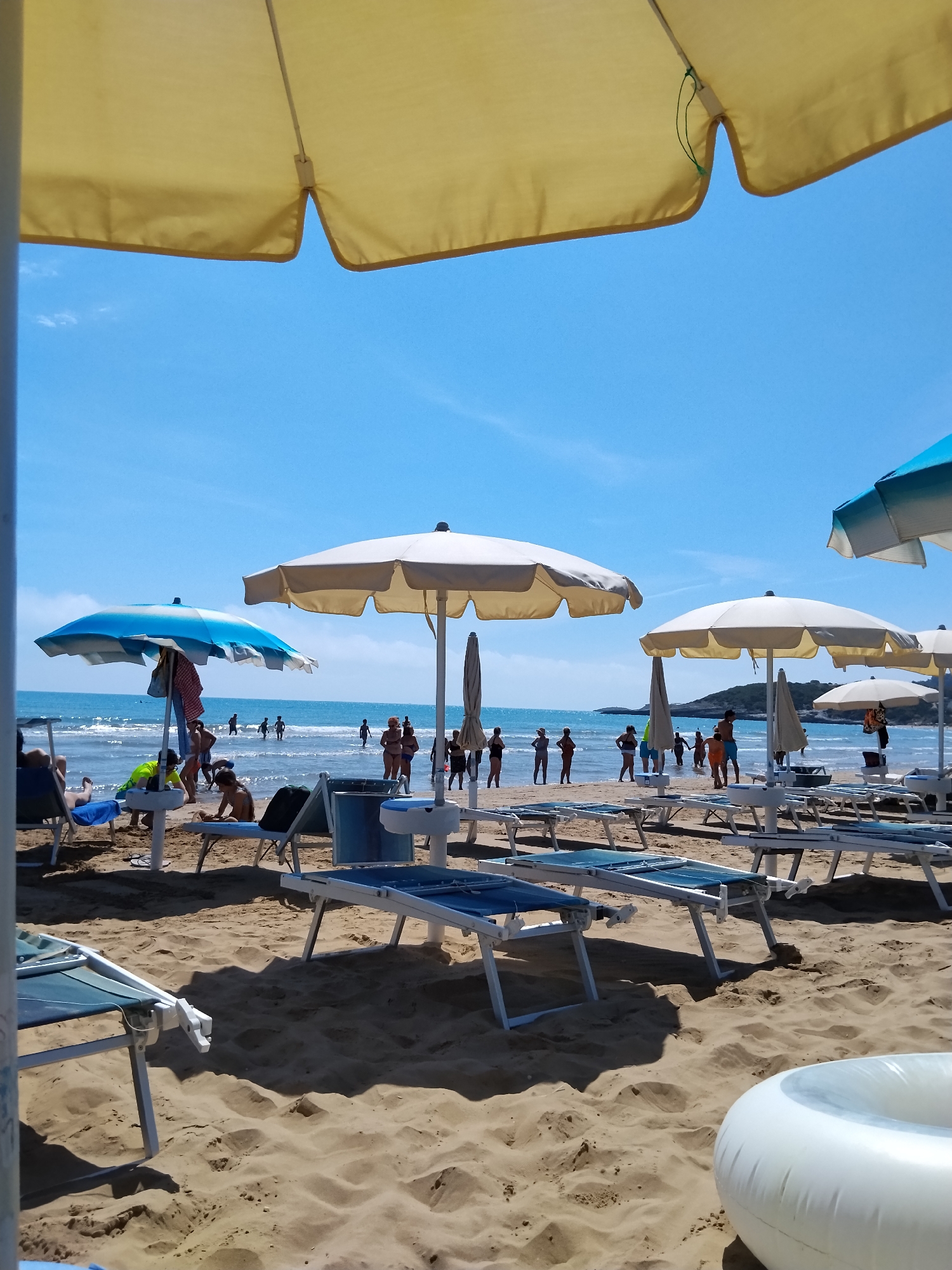 A sunny day at a beach in Peschici, Italy, is depicted. In the foreground, sand dunes are visible with several empty lounge chairs set up. The chairs are white with blue fabric. Beyond the chairs, the sea is calm and clear, with several people wading and swimming. Beach umbrellas are scattered across the sand, providing shade. A group of people are standing near the water's edge, some with children. The sky is a clear blue with a few wispy clouds. The overall atmosphere is one of leisure and relaxation on a summer day.