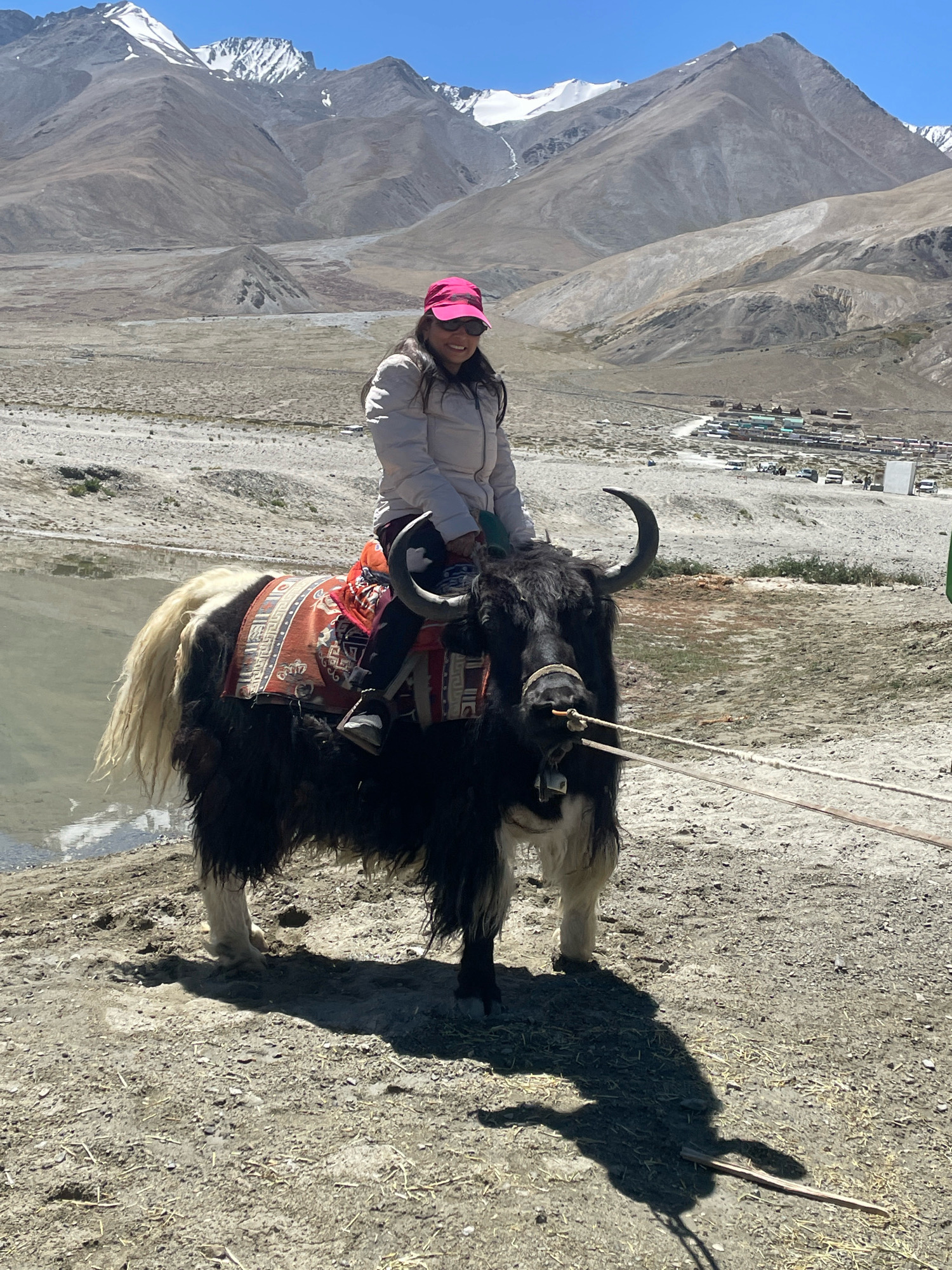A person wearing a pink hat, sunglasses, and a light-colored jacket rides a yak in a mountainous, dry landscape. The yak is black and white with a long, shaggy coat and large horns, and it is adorned with a colorful saddle blanket. The person is smiling and looking at the camera. In the background, there are vast, arid mountains with snow-capped peaks under a clear blue sky. A small settlement with buildings and vehicles is visible in the distance, situated in a valley. A body of water can be seen to the left of the yak. The ground is covered with dirt, gravel, and sparse vegetation.