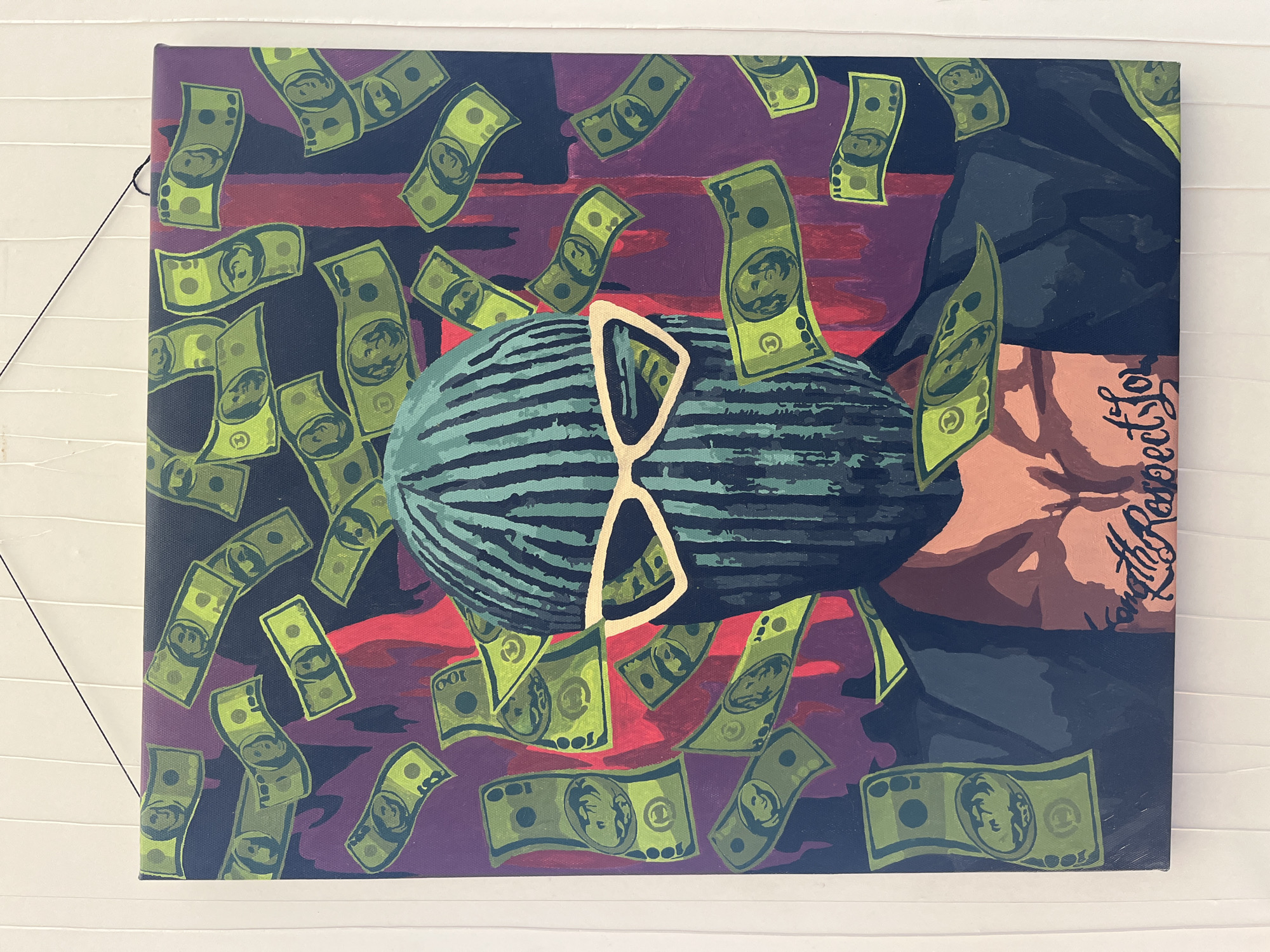 A square painting on canvas depicts a watermelon wearing a pair of eyeglasses, surrounded by falling dollar bills. The background features a mix of dark blue, purple, and red hues. A tattooed arm is visible in the upper right corner of the painting. The location of Ореховка, Russia is not depicted.