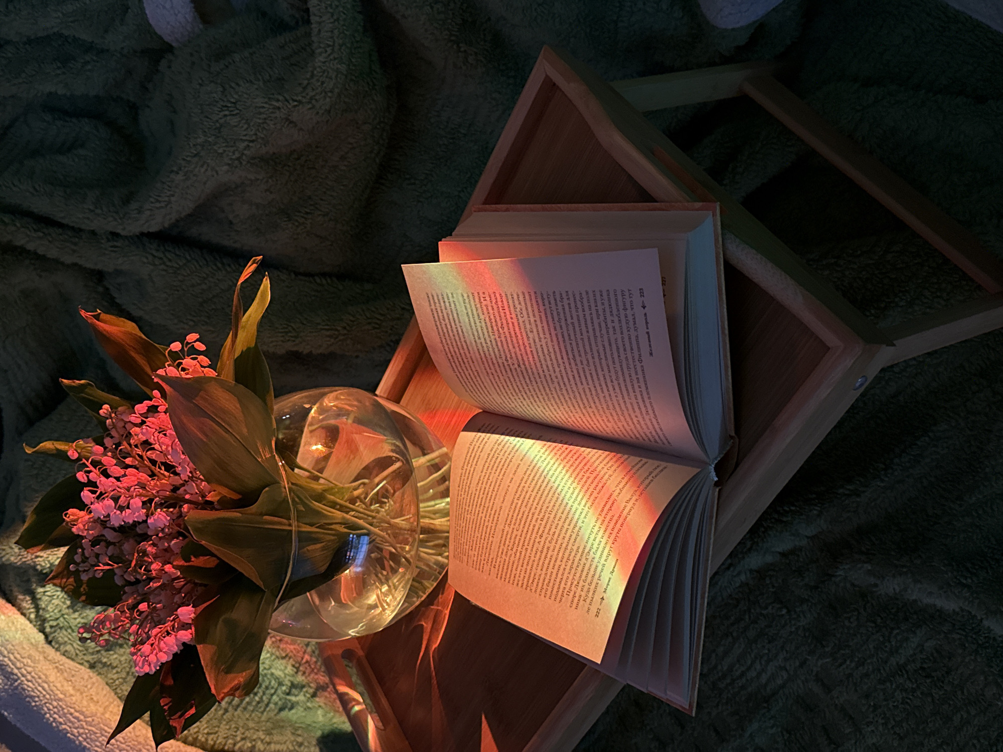 A dimly lit, close-up shot focuses on a book, flowers, and decorative wooden frame resting on a blanket. The open book is positioned on a wooden tray. Sunlight appears to be shining on the open pages of the book, casting a warm glow over the pages. To the left of the book and tray is a round glass vase filled with lily-of-the-valley flowers, the white flowers creating a vibrant contrast against the dark leaves. The wooden tray is supported by a larger decorative wooden frame made from unfinished light wood. In the background, a dark green textured blanket provides a soft, indistinct backdrop. The overall mood of the scene is cozy and tranquil.