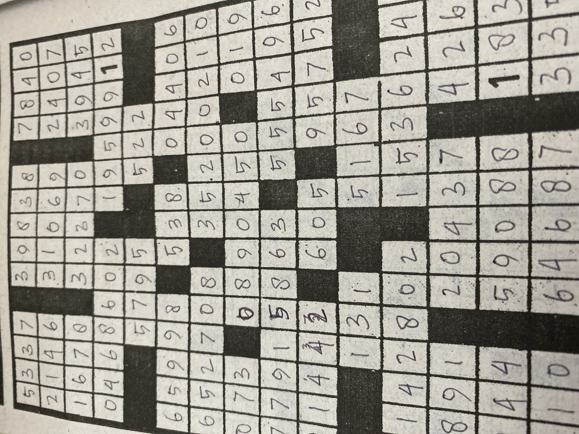 The image shows a close-up, overhead view of a completed crossword puzzle grid. The grid is filled with handwritten numbers in black ink. Some numbers are slightly smudged or have ink bleed. The puzzle appears to be a number puzzle, likely a KenKen or similar logic grid. The lighting suggests an indoor setting, and the texture of the paper is visible, indicating it is a printed puzzle. The background is dark and out of focus, highlighting the puzzle itself. There are no people or environmental features visible that would indicate a specific location in Banda Aceh, Indonesia.
