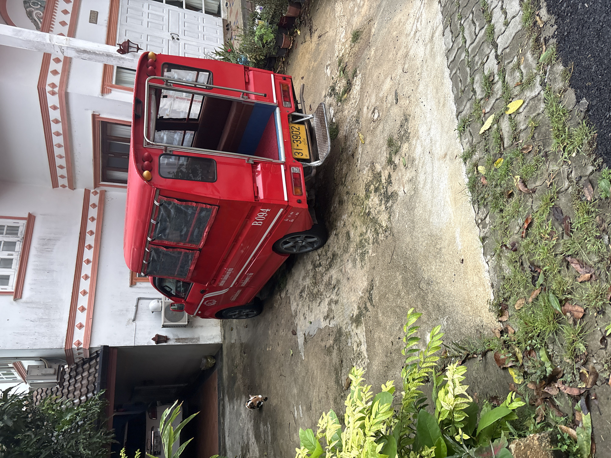 The image shows a red vehicle parked in front of a building. The vehicle appears to be a public transport vehicle, possibly a "songthaew," based on its style and markings. The vehicle has license plate "31-3902" and side markings "B094" in the Karon, Thailand. The building is a two-story structure with white walls and brown decorative elements. The ground is concrete with plants and foliage growing along the edges. A small dog is present on the ground.
