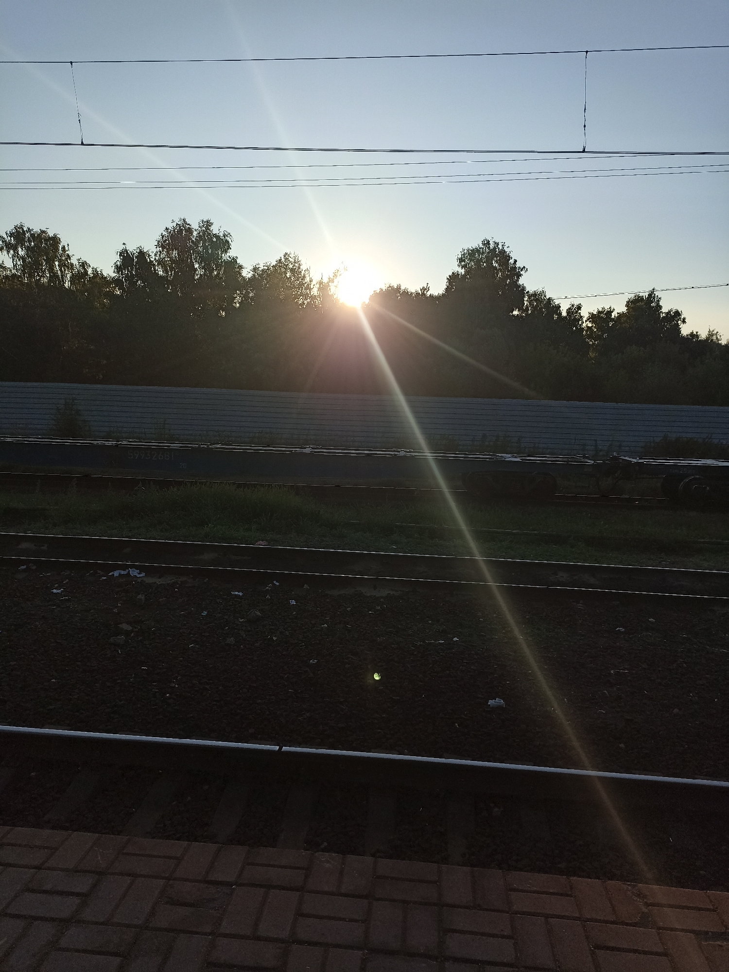 The image depicts a railway track at sunrise, with the sun's rays creating a lens flare effect. The foreground shows a brick pathway and the gravel ballast of the railway tracks. In the mid-ground, there are multiple sets of railway tracks, with grass growing between them in some areas. A long, gray corrugated metal fence runs horizontally across the image above the tracks, and behind the fence, a dense line of trees forms the horizon. Overhead, several power lines are visible against the pale blue sky. The scene is likely situated near a railway station in Chekhov, Russia, given the presence of infrastructure such as tracks and power lines, typical of such locations. No people or animals are present in the image, and there are no observable actions or interactions. The overall environment is one of a functional, outdoor industrial or transportation setting at the beginning of the day.