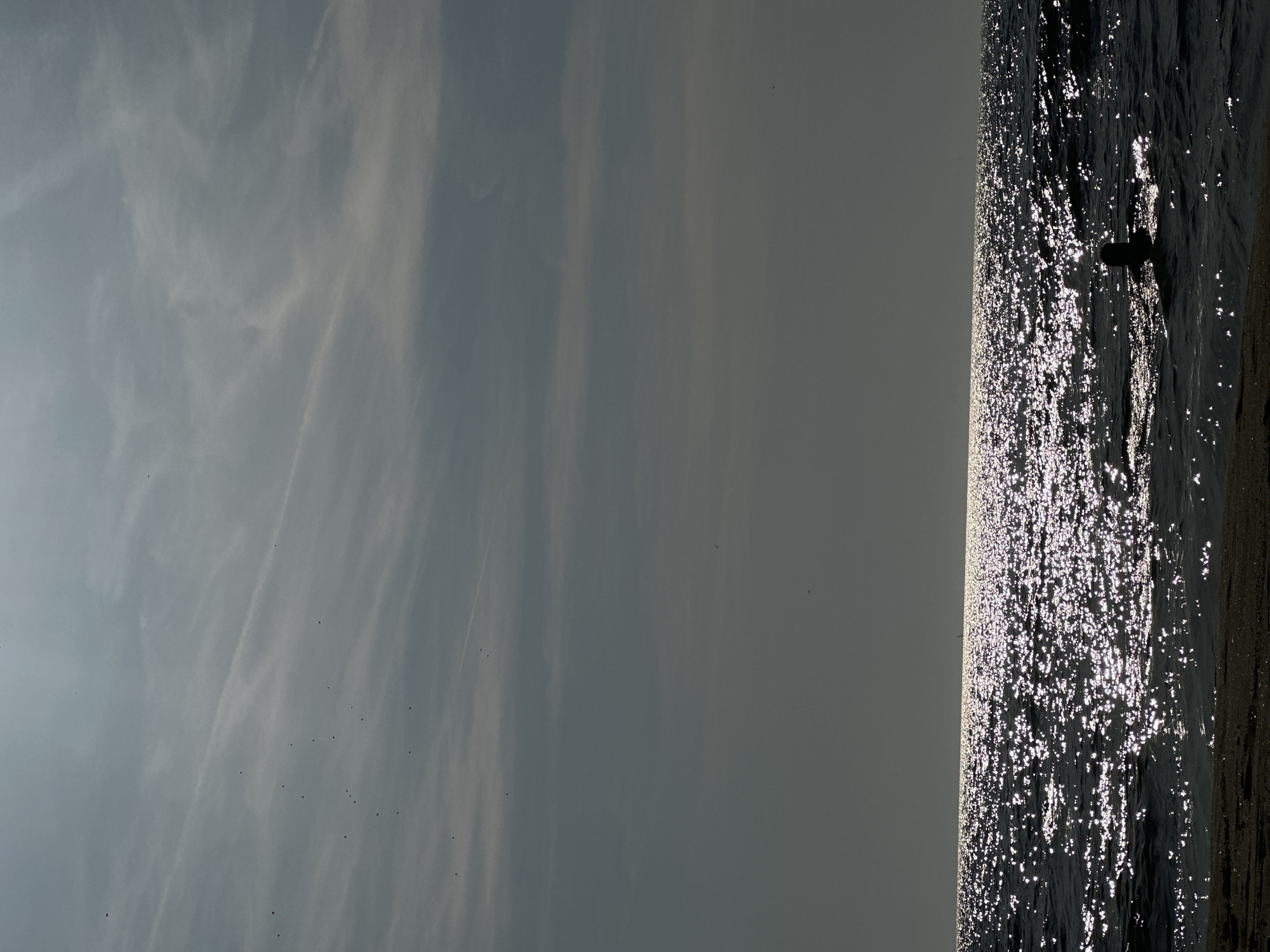 A wide shot captures the ocean at Zandvoort, Netherlands, under a cloudy sky. The sun glints off the dark water, creating a shimmering surface. In the foreground, the sandy beach is visible. A lone figure is submerged in the water, with only their head and shoulders visible, facing away from the camera. Small dark specks, possibly birds or distant objects, are scattered across the sky. A faint contrail from an aircraft is visible in the upper right portion of the sky.
