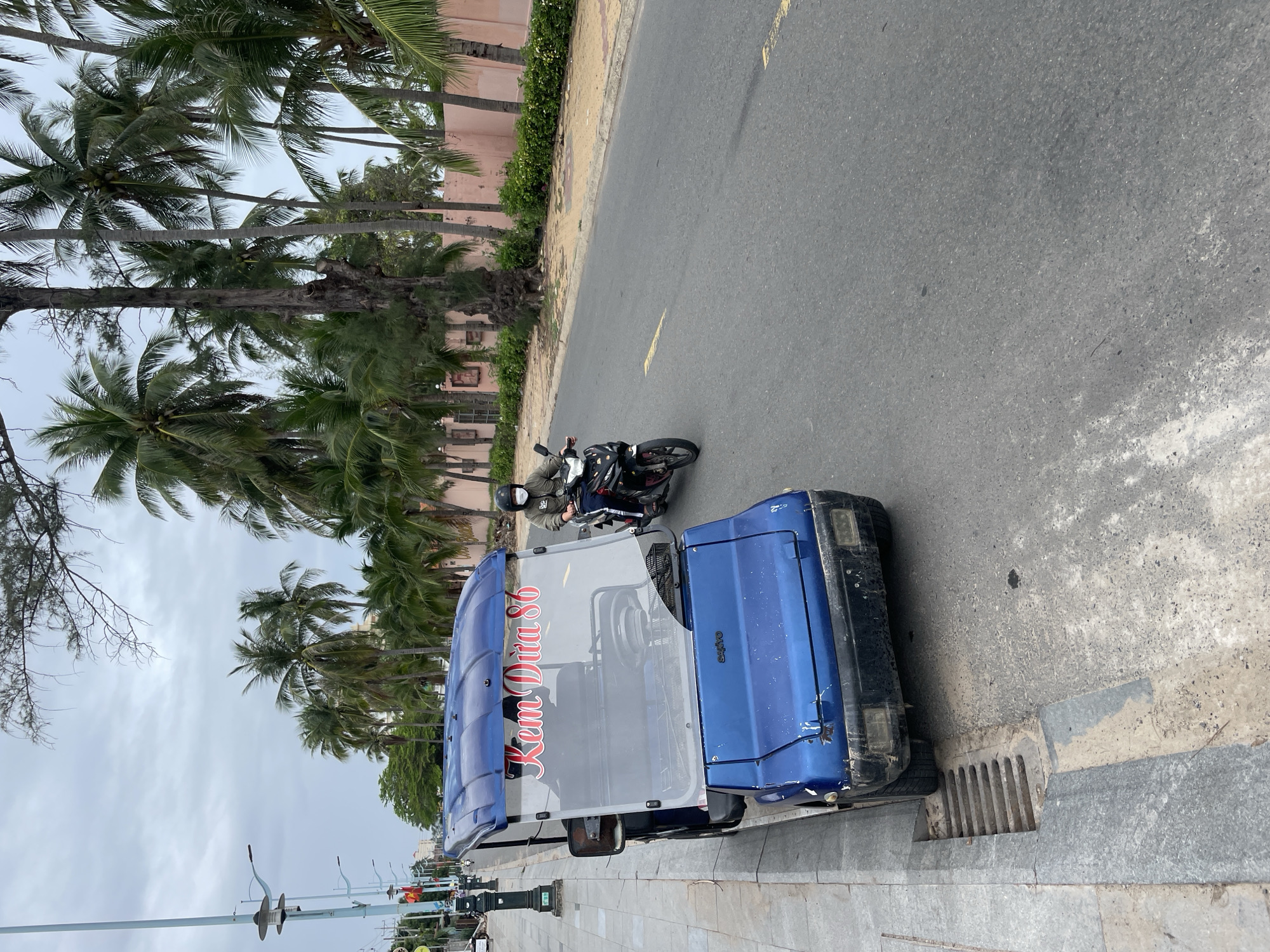 A slightly high-angle, color photograph, taken in Phu Thuy Ward, Vietnam, depicts a blue and gray ice cream truck parked on the right-hand side of the road, parallel to the sidewalk. The truck has red lettering, which reads "Kem Dừa 86." A person on a motorcycle passes the truck in the road. A row of palm trees lines the left side of the road, next to a low, pale pink wall. The sky is overcast. A drain is visible near the front tire of the truck. There are street lamps and other items on the sidewalk near the front of the truck.