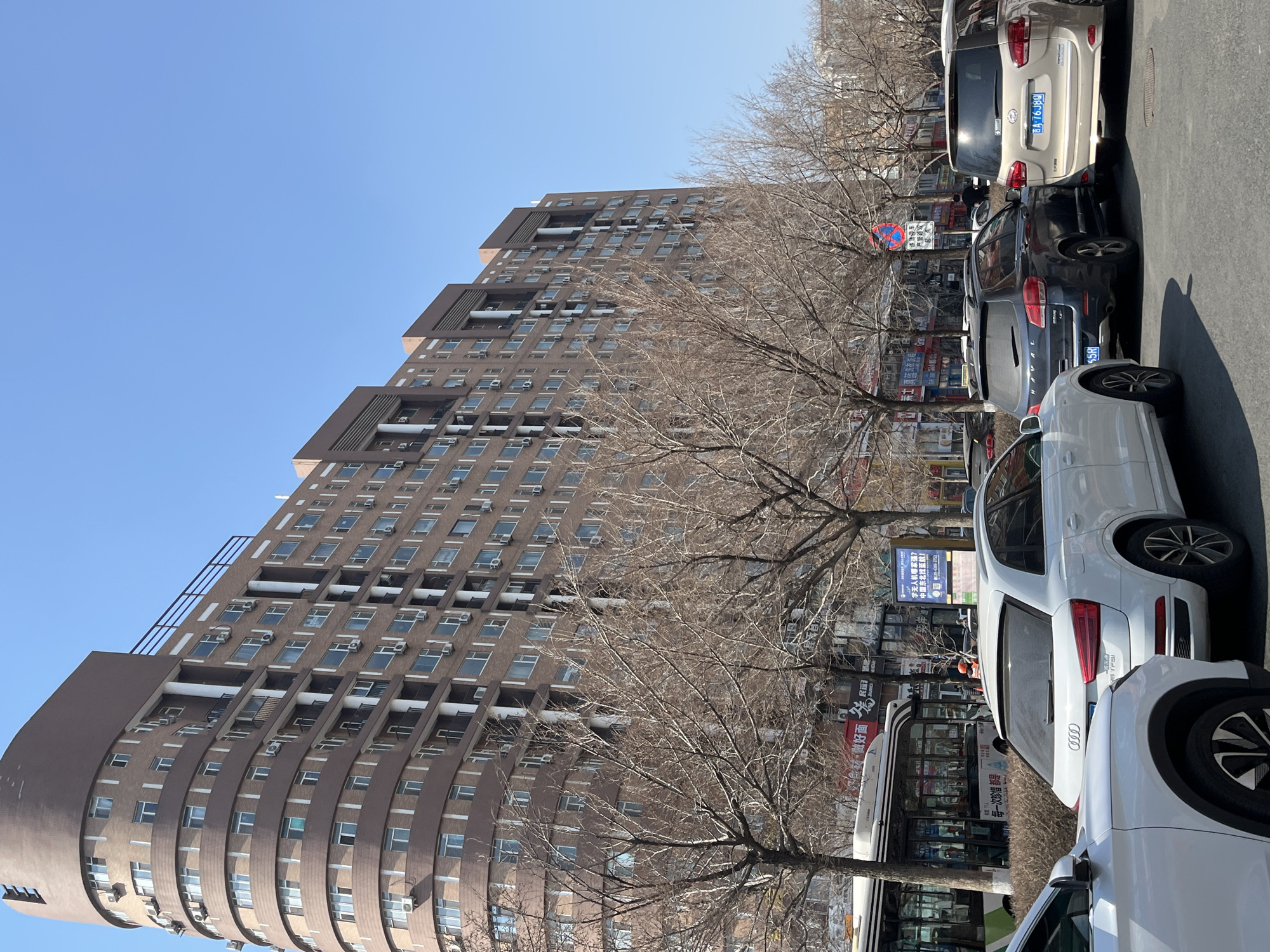 The image captures a bustling street scene in Changchun City, China, dominated by a tall, brown-colored building with a distinctive curved façade on the left side. The building features numerous windows and air conditioning units. Bare trees line the street, their branches reaching across the foreground and partially obscuring the view of the building. Several vehicles are parked along the right side of the street, including a white SUV with the words "Q5 TFSI" visible, a black car, and a tan minivan with the license plate "吉A-76J80". A bus is also visible among the parked cars. Street signs and posters written in Chinese script are scattered along the road, adding to the urban ambiance. The sky is a clear, bright blue. The overall scene depicts a typical urban environment in Changchun City, with a mix of residential architecture, transportation, and street-level commercial activity.
