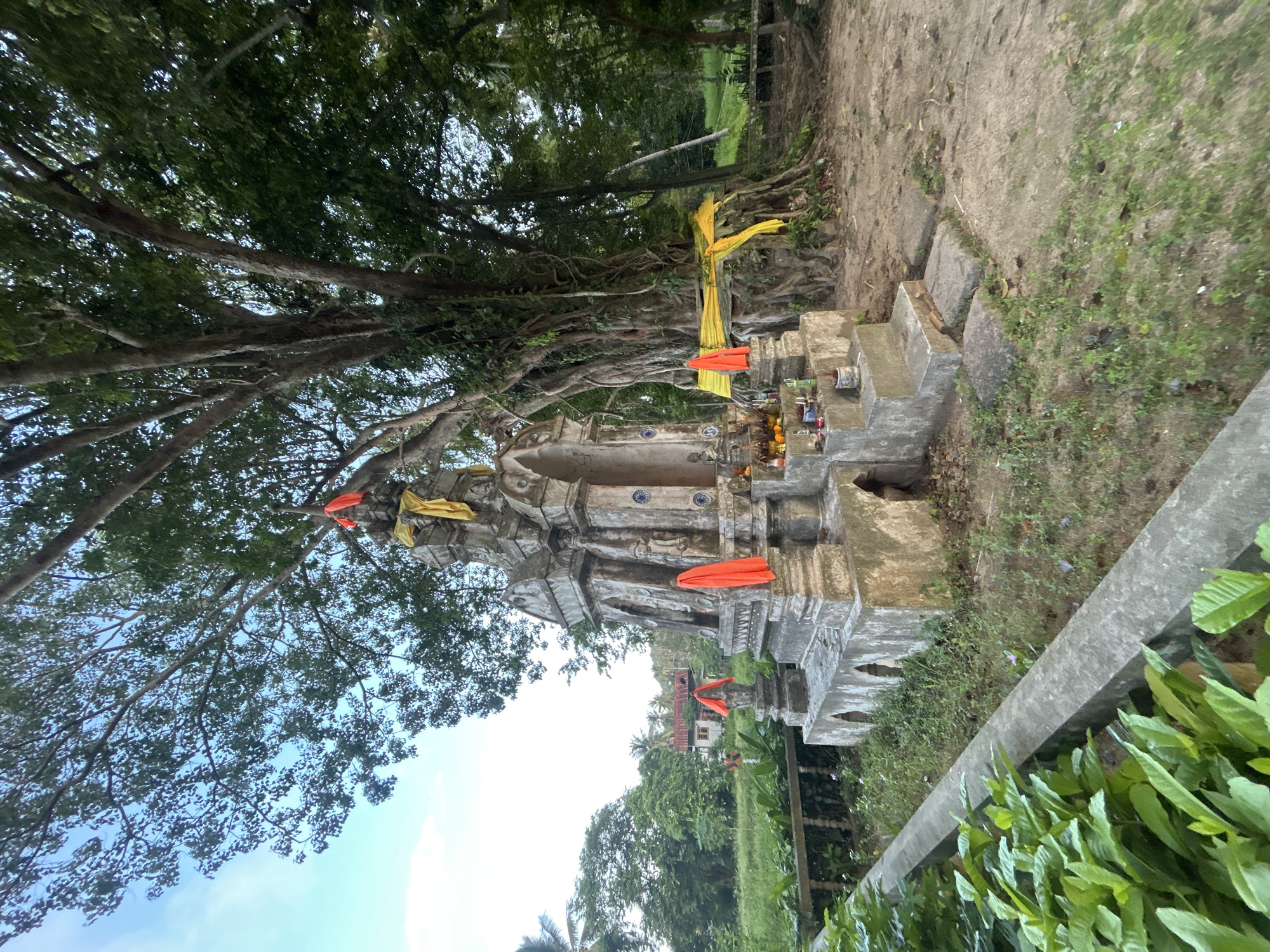 In the Ko Pha-ngan District of Thailand, a shrine stands beneath the expansive branches of a large tree. The shrine, constructed of weathered concrete, features intricate carvings and is adorned with bright orange and yellow cloths. Offerings of food and incense are arranged on its steps, suggesting it is an active place of worship. The surrounding environment is lush with vegetation, including dense foliage in the foreground and a dense forest in the background. The ground is a mixture of soil and sparse grass, with a concrete walkway or border visible to the left. A house with a red roof can be seen in the distance, adding a touch of habitation to the natural setting. The sky above is a clear blue with scattered clouds.