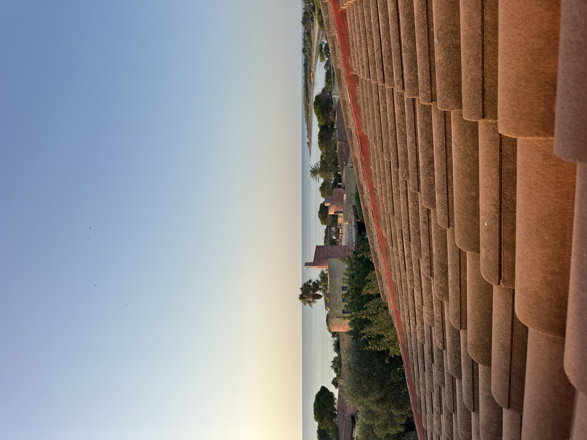 This is a vertical, eye-level, full shot of a terra cotta tiled roof in the foreground, with a coastal scene in the background. The tiles are a reddish-brown color, with a textured, rough surface. They are arranged in overlapping rows, creating a sense of depth and perspective.
In the midground, there are several buildings with flat roofs and pastel-colored walls. One building is a reddish-pink, with a taller, square tower on its right side. Another building is a muted yellow, with visible windows. Lush green trees and palm trees surround these structures.
The background is dominated by the calm, blue sea, meeting a pale blue sky at the horizon. The coastline is visible, with a sandy beach and more trees dotting the landscape. The sky is clear, with a few faint birds in flight. The overall lighting suggests it is either early morning or late afternoon, with a soft, warm glow. The scene appears to be a tranquil coastal resort or residential area.