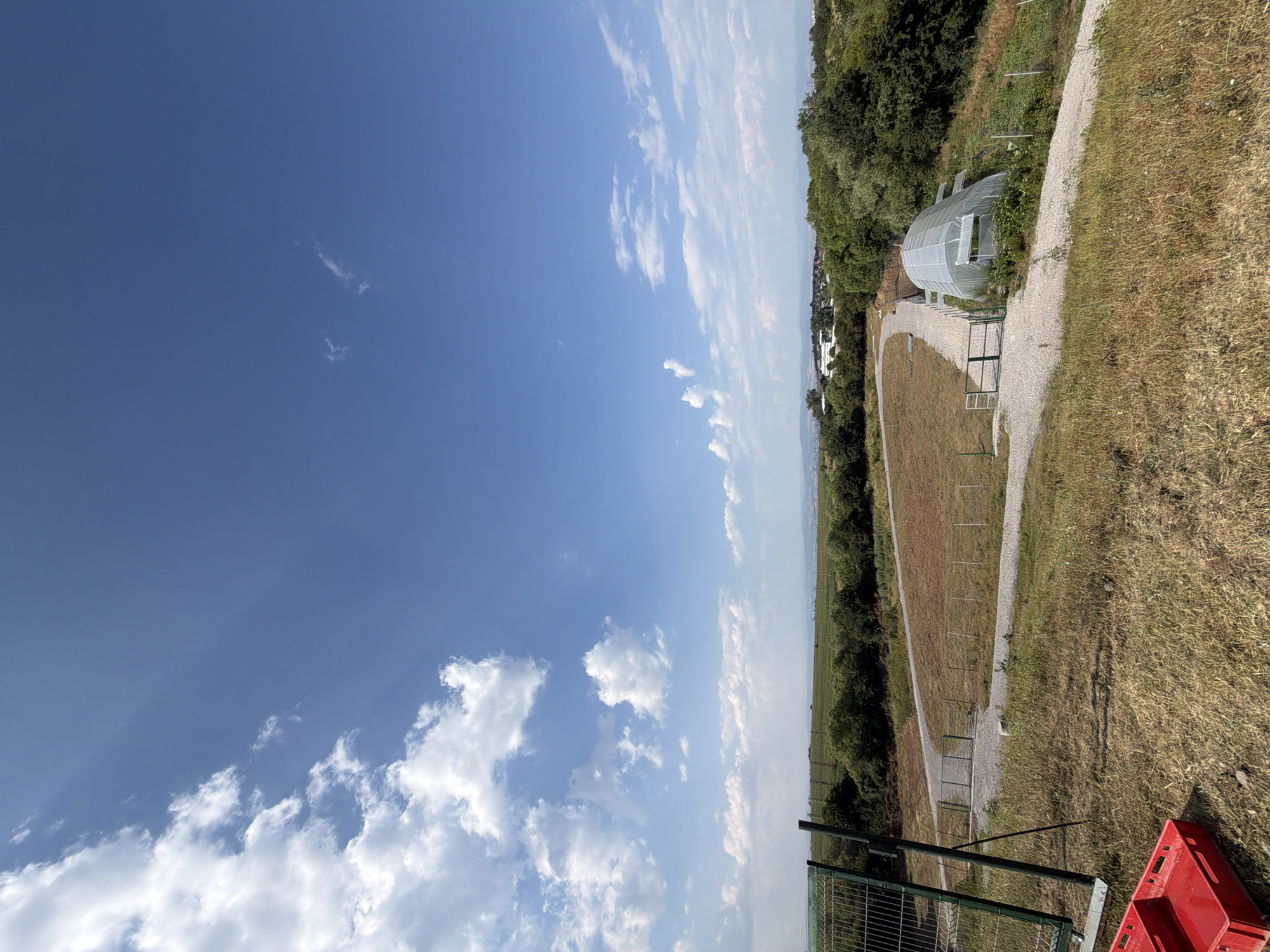 A high-angle, full-shot, vertical photograph captures a rural landscape under a bright blue sky with scattered white clouds, located in Ivanyane, Bulgaria. In the foreground, dry, golden-brown grass covers the ground, with a portion of a bright red plastic crate visible in the lower left corner. A green metal fence, supported by dark posts, runs along the left edge of the frame, extending into the midground.
A light-colored gravel path winds through the scene, curving from the upper left towards the center and then to the right. Along the right side of the path, a small, arched greenhouse made of translucent white plastic sheeting sits on a sloped grassy area. Beyond the path and greenhouse, a strip of green trees and foliage separates the immediate area from a cultivated field of dark green crops stretching towards the horizon.
In the distance, a hazy panorama of rolling hills and a small town or village with white buildings is visible. The overall impression is one of a sunny, summer day in a semi-arid rural setting, possibly an agricultural research or development site given the presence of the greenhouse and fenced-off areas.