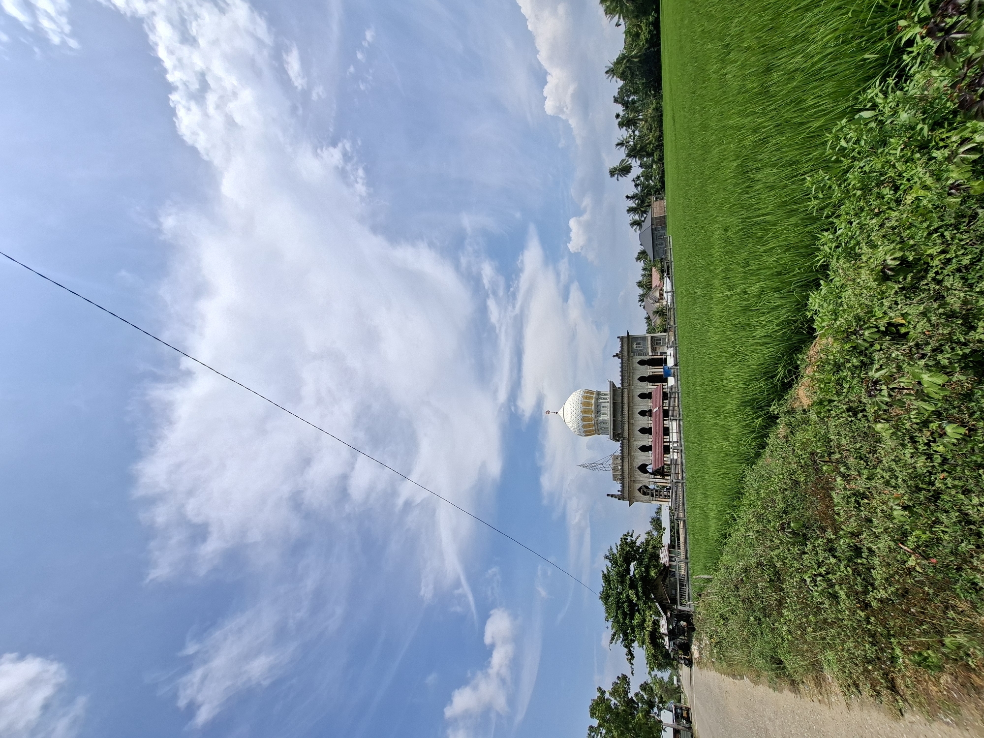 This is a wide-angle, vertical, outdoor photograph captured on a bright, partly cloudy day, likely in the city of Cutneuheun, Indonesia. The scene is dominated by a lush, green rice paddy field that occupies the right two-thirds of the image. A dirt road runs along the left side, bordered by a dense patch of green foliage. In the background, a large, ornate mosque with a prominent white and gold dome stands out against the bright blue sky. Several trees are visible to the left of the mosque, and a few houses and other buildings are scattered in the distance. A thin, dark wire stretches diagonally across the upper portion of the frame from the top left to the middle right. No people are visible in the image.