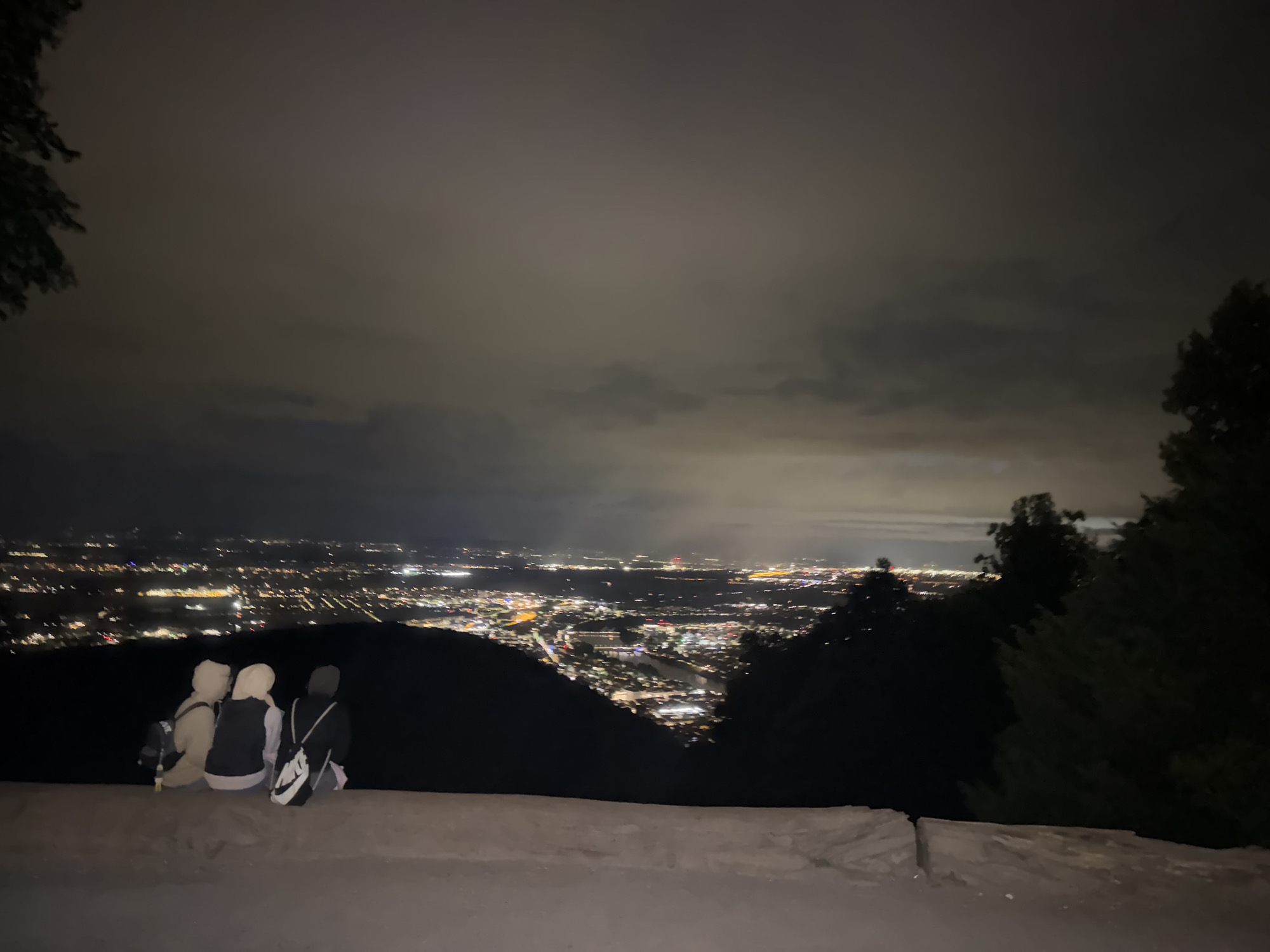 The image captures a nighttime panoramic view of the city of Heidelberg, Germany, from an elevated vantage point, likely a mountain or hill overlooking the Neckar river valley. The sky above is heavily clouded, appearing greyish-brown due to city light pollution reflecting off the cloud cover.
In the immediate foreground, three individuals are seated with their backs to the viewer on a low, light-colored concrete or stone wall/ledge. From left to right:
1. An individual wearing a light-colored, possibly beige, hooded garment, with a dark backpack featuring light straps positioned on their left side.
2. An individual wearing a dark sleeveless top over a lighter, possibly white or light pink, long-sleeved top.
3. An individual wearing a dark hooded garment, with a black backpack bearing a prominent white Nike logo on their right side.
The three individuals appear to be observing the cityscape below. Their forms are partially silhouetted but discernible against the ambient light from the city.
The middle ground and background are dominated by a vast expanse of city lights, extending across the valley and reflecting off the low clouds. The lights vary in intensity and color, indicating a dense urban area. Dark, indistinct silhouettes of hills or mountains form the immediate backdrop below the city lights. Dense, dark tree foliage is visible on the far left and right edges of the frame, partially obscuring the panoramic view. The overall scene is dimly lit, with the city lights providing the primary illumination.