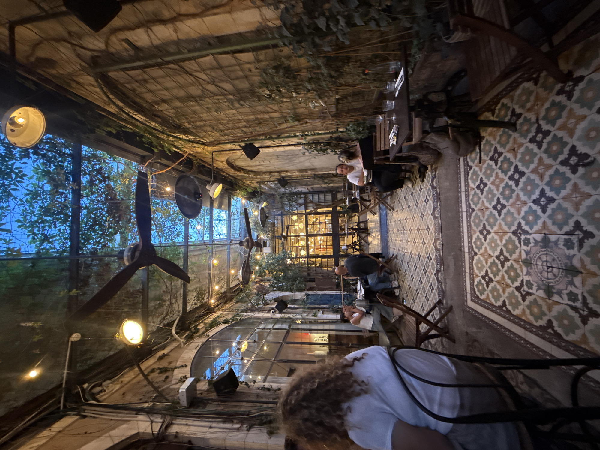 The image depicts an atmospheric courtyard of a restaurant in Tel Aviv, Israel, possibly in the Florentin neighborhood, known for its vibrant nightlife and artistic ambiance. The scene is illuminated by warm, ambient lighting from hanging Edison-style bulbs and industrial pendant lamps, creating a cozy and intimate setting. A glass roof covered in lush green vines allows natural light to filter through, contributing to the indoor-outdoor feel.
In the foreground, a woman with curly blonde hair is seated at a table, facing away from the camera. She is wearing a white t-shirt. Two ceiling fans are visible, one larger and closer to the viewer, and another smaller one further down the courtyard, suggesting a warm climate. The walls of the courtyard are textured and covered in climbing plants, with metal grid structures supporting the vegetation.
Several other patrons are visible at tables throughout the courtyard. A couple is seated at a table in the mid-ground, engaged in conversation. Further back, a man is seated at a table, possibly eating. The tables are made of dark wood with simple chairs. The floor is adorned with intricate, patterned tiles in shades of beige, green, blue, and grey, adding a vintage charm to the space. The overall impression is a trendy and relaxed dining establishment, characteristic of Tel Aviv's urban cafe culture.