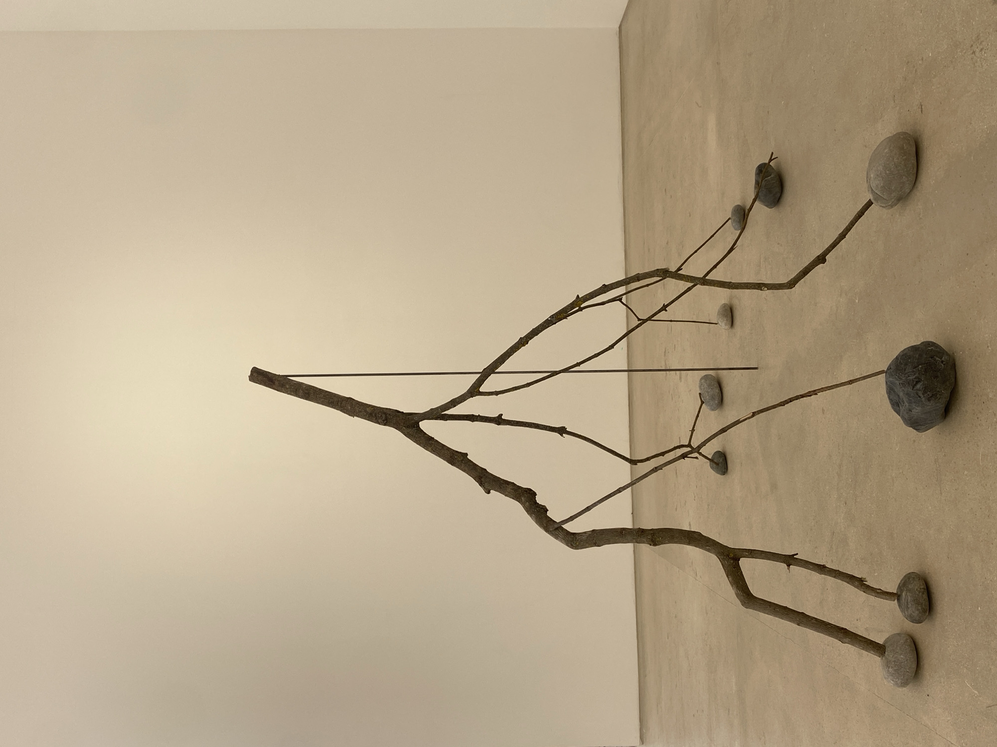 The image presents an art installation in what appears to be an interior space. The background consists of a plain, light-colored wall and a beige floor. The installation features a tree branch arranged horizontally with small stones attached to the ends of some of its twigs. The arrangement creates a linear extension of the branch using the stones, positioned across the floor. A thin, dark rod is also present within the installation, adding to its compositional lines. There is no evidence to suggest that the image was taken in Paris, France.