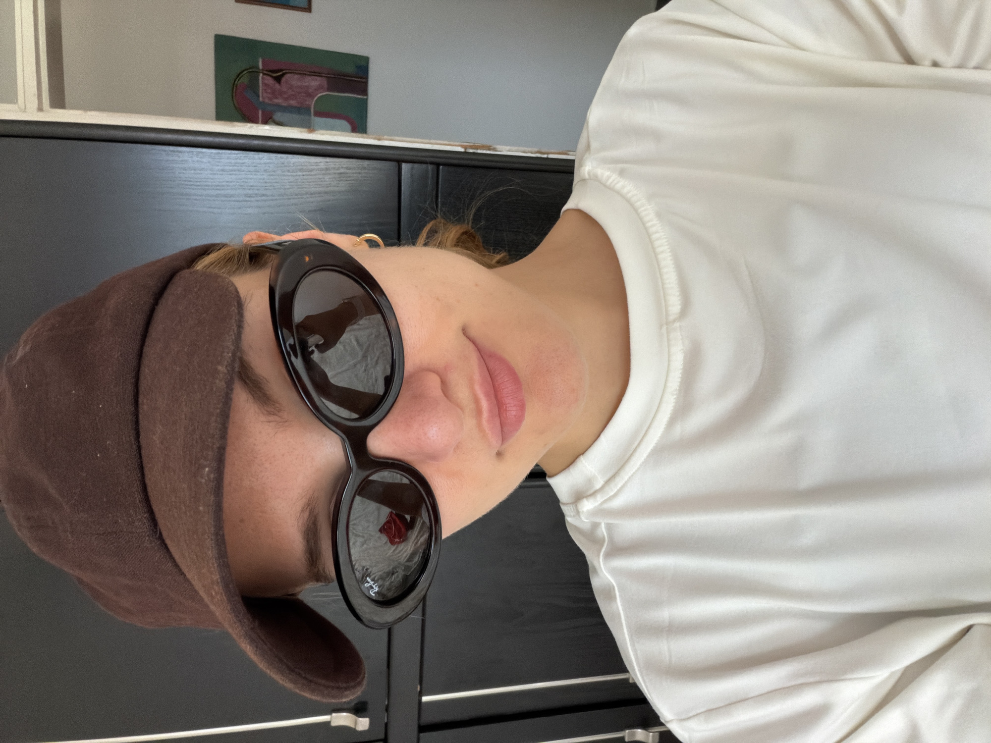 The media file shows a close-up, rotated, horizontal shot of a person's face and upper body. The person is wearing a brown cap and large, black, oval-shaped sunglasses. They have light-colored skin and appear to be wearing a white long-sleeved shirt. The person's head is tilted, and they are looking towards the camera. A hint of a smile can be seen on their lips. In the reflection of the sunglasses, a small, red, rose-like object is visible.
Behind the person, a dark, reflective surface is visible, likely a piece of furniture such as a cabinet or dresser with drawers and silver handles. Above this surface, a wall is visible, with a framed abstract art piece hanging on it. The art piece features a blend of colors including green, pink, and dark blue. The overall lighting suggests an indoor setting, possibly during the daytime. The emotions conveyed are subtle, but the tilt of the head and the slight smile suggest a relaxed or playful mood. There is no visible text in the image. The location context provided is Podgorica, Montenegro, but this cannot be visually confirmed from the image itself.