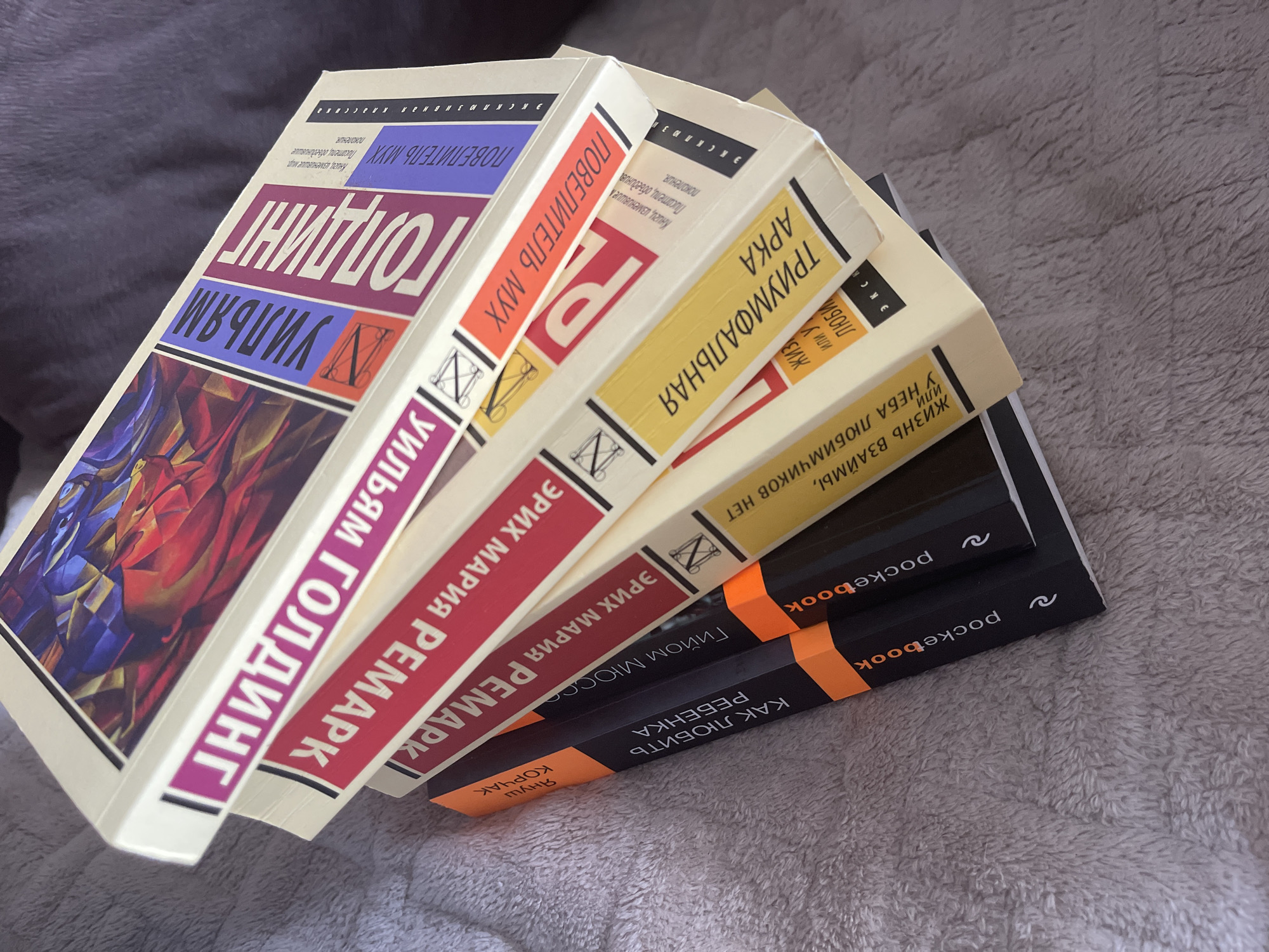A stack of seven books is lying on a textured gray surface, possibly a blanket or rug. The books are fanned out, with their spines facing upwards and slightly angled towards the viewer. The books have colorful covers and titles printed in Cyrillic script. The visible titles suggest the books are works of fiction and non-fiction. The lighting is soft, casting subtle shadows. There are no people or animals present in the image. The environment appears to be indoors.