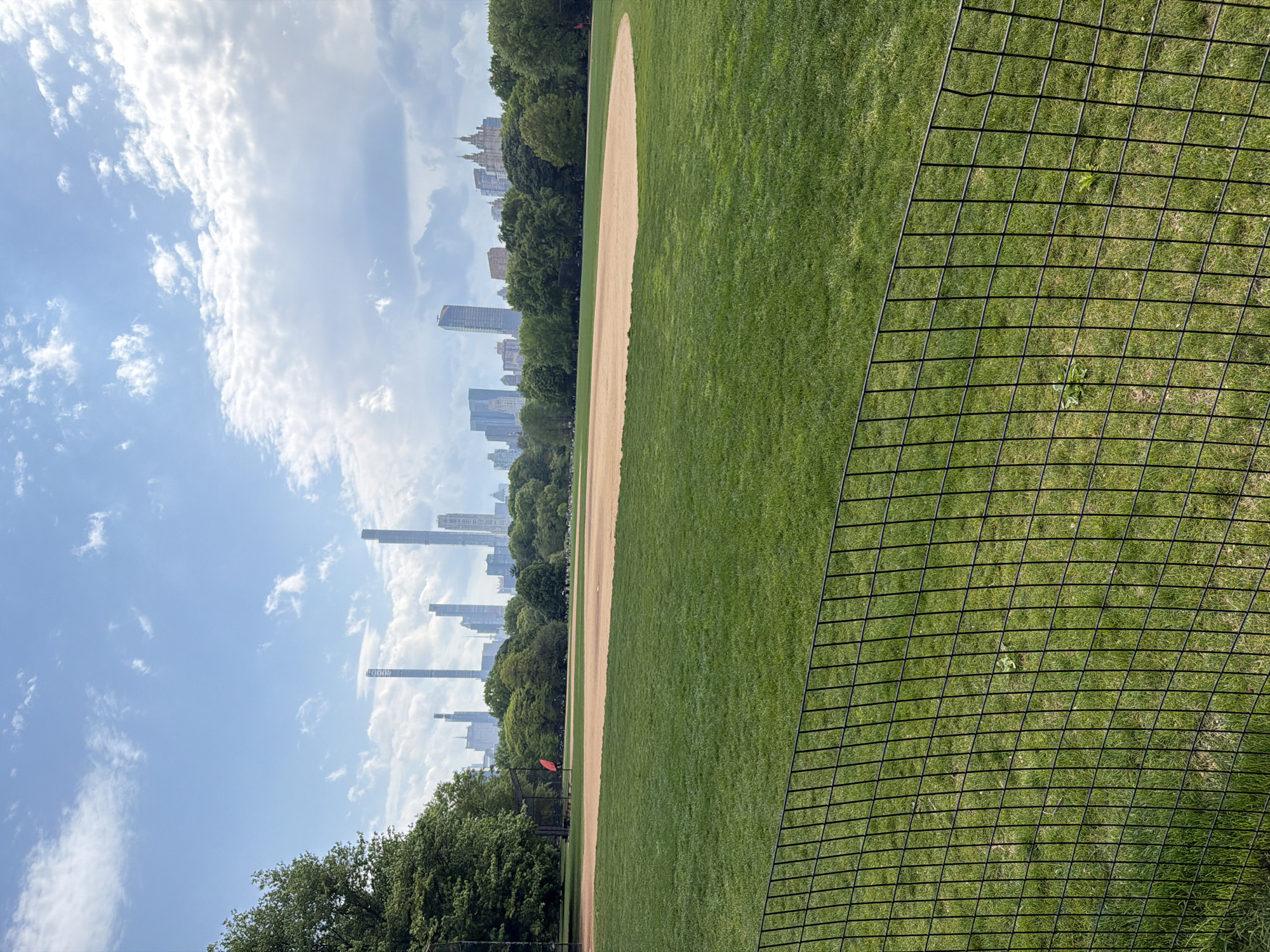 This image presents an outdoor scene, likely in New York City, USA. A portion of a baseball field, marked by a dirt path and green grass, is in view. A black metal wire fence is visible in the foreground. In the background, tall buildings and skyscrapers are discernible, partially obscured by trees and a cloudy sky. The presence of skyscrapers and a baseball field suggests this is Central Park. No people are visible in the scene.