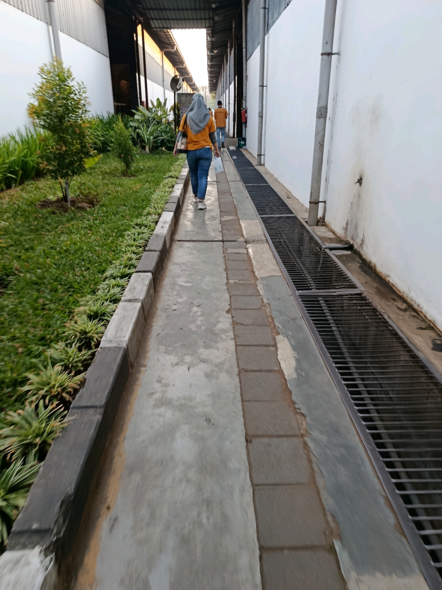 In Kembangarum, Indonesia, a person walks down a paved pathway between a green, landscaped area and a building with a white wall. The person is wearing a yellow hijab and an orange shirt, and blue jeans. They are walking away from the camera, and there is another person in the distance also walking away. The pathway is bordered on the left by a curb and grass, and on the right by a drainage grate. The buildings on either side have metal roofs.
