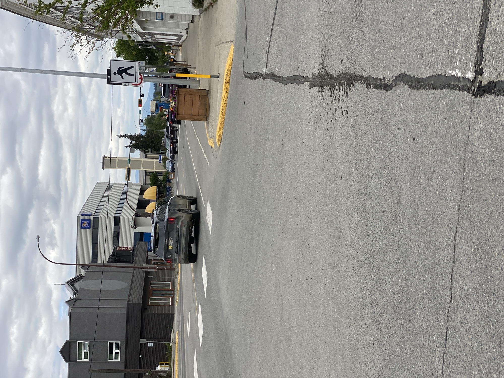 The image shows a view from a street in Whitehorse, Canada. A black Kia Sorento SUV is driving away from the camera, heading into an intersection. The SUV has a yellow license plate. In the background, there are several buildings, including a modern, multi-story building with windows and what appears to be a sign with "RBC" on it. A traffic light is visible, showing red. A pedestrian crossing sign is also present on a pole. The street is paved and marked with white crosswalk lines. There is a wooden planter box on the sidewalk. The sky is overcast. The image appears to be taken during the daytime.