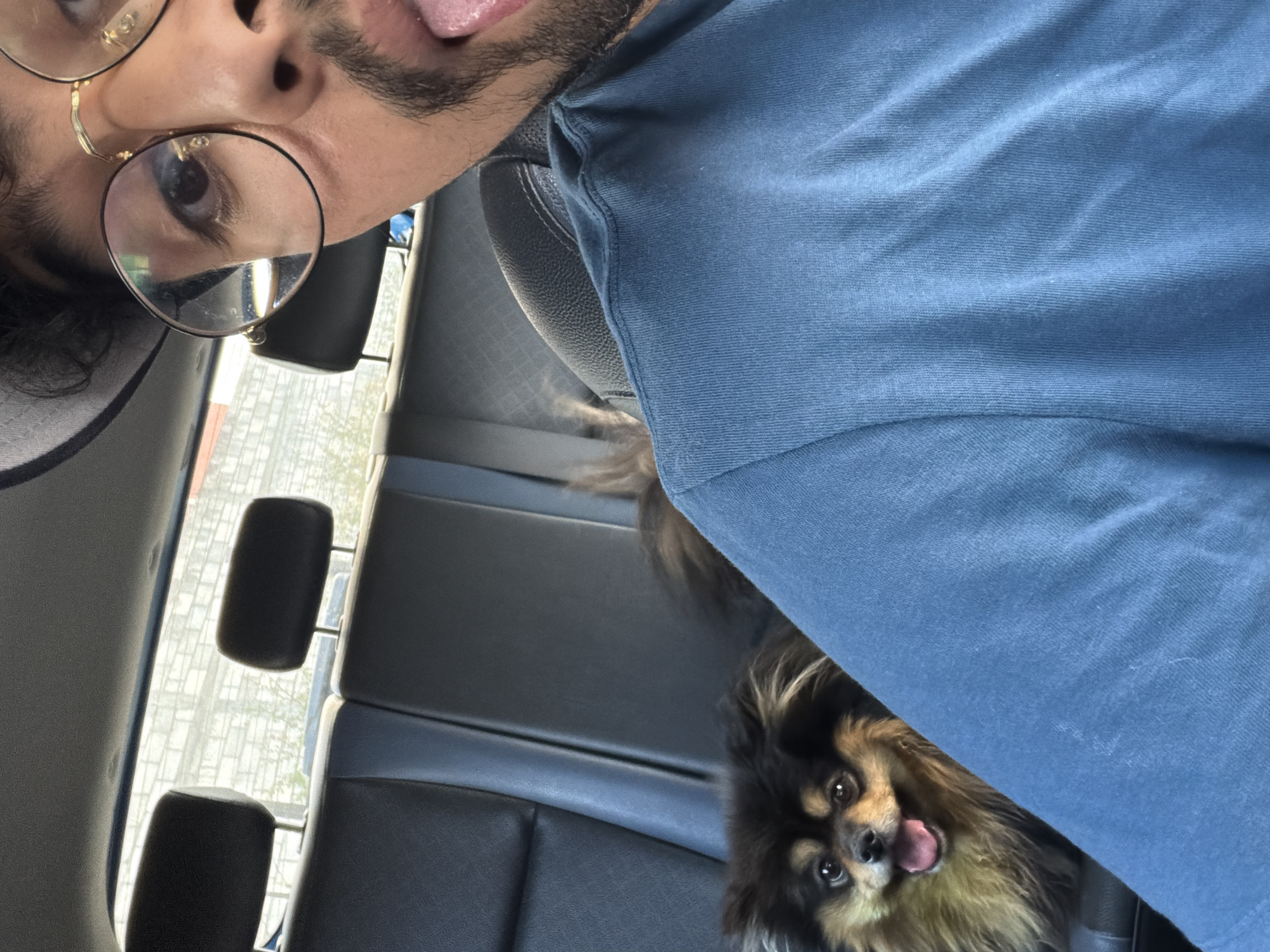 A slightly blurry, rotated, and upward-facing photograph shows a man with glasses and a small dog inside a car. The man is in the top-left corner, only showing his face and a small portion of a grey cap. He has dark hair and is wearing round-framed glasses. The dog, a brown and black Pomeranian, is in the lower-right corner with its tongue sticking out, looking directly at the camera. The man is wearing a blue shirt. The interior of the car has dark grey leather seats. Car headrests can be seen against the window. A building appears blurred in the background through the car window. The location in Cuautla, Mexico, cannot be determined from this image.