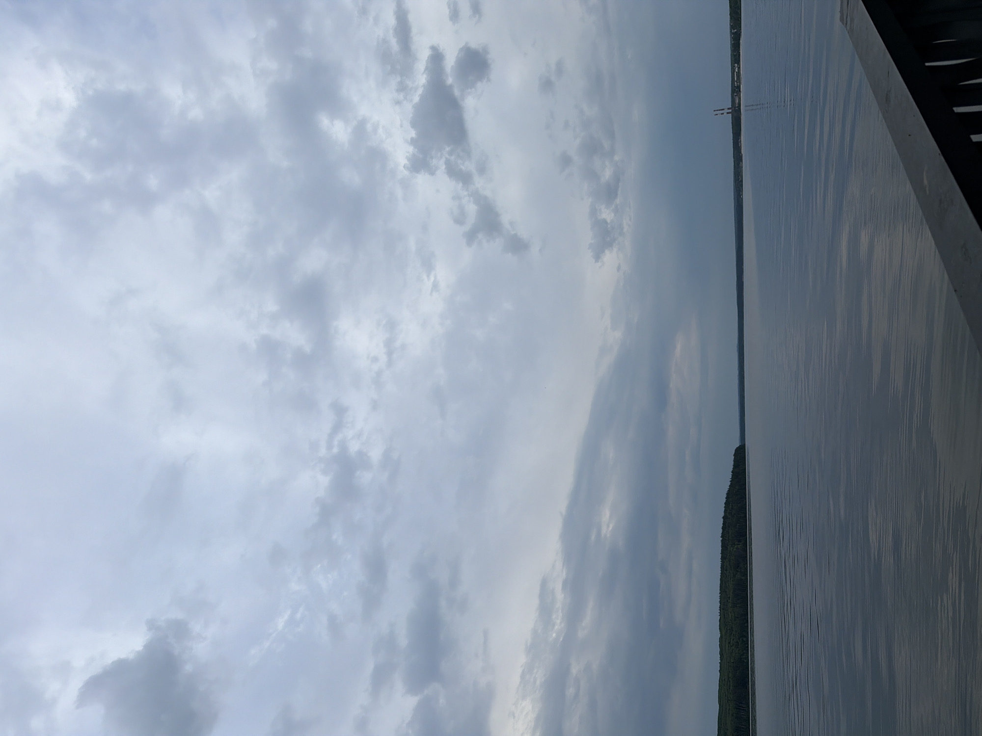 A landscape photograph captures a vast body of water under a cloudy sky, likely the Kama River or Votkinsk Reservoir near Chaikovsky, Russia. The upper portion of the image is dominated by an expansive sky, filled with a dense cover of light and dark gray clouds, suggesting an overcast day.
Below the horizon, a wide expanse of calm water stretches across the middle of the frame, its surface reflecting the subdued light from the sky with subtle ripples. On the far bank, a long, thin strip of land is visible, heavily forested with dark green trees, running horizontally across the distant shoreline.
On this distant shore, slightly to the left of the center, two distinct, tall, slender structures rise into the sky. These appear to be industrial chimneys or towers, characterized by their reddish-white coloration, hinting at a power plant or similar facility in the distance. To the far right of the foreground, a dark, angled structure is partially visible, suggesting the photograph was taken from a bridge, pier, or an elevated platform with a railing.
There are no people or specific activities depicted, focusing instead on the serene, albeit muted, natural and industrial landscape. The overall mood is tranquil, set by the diffused daylight and still waters. No text is visible in the image.