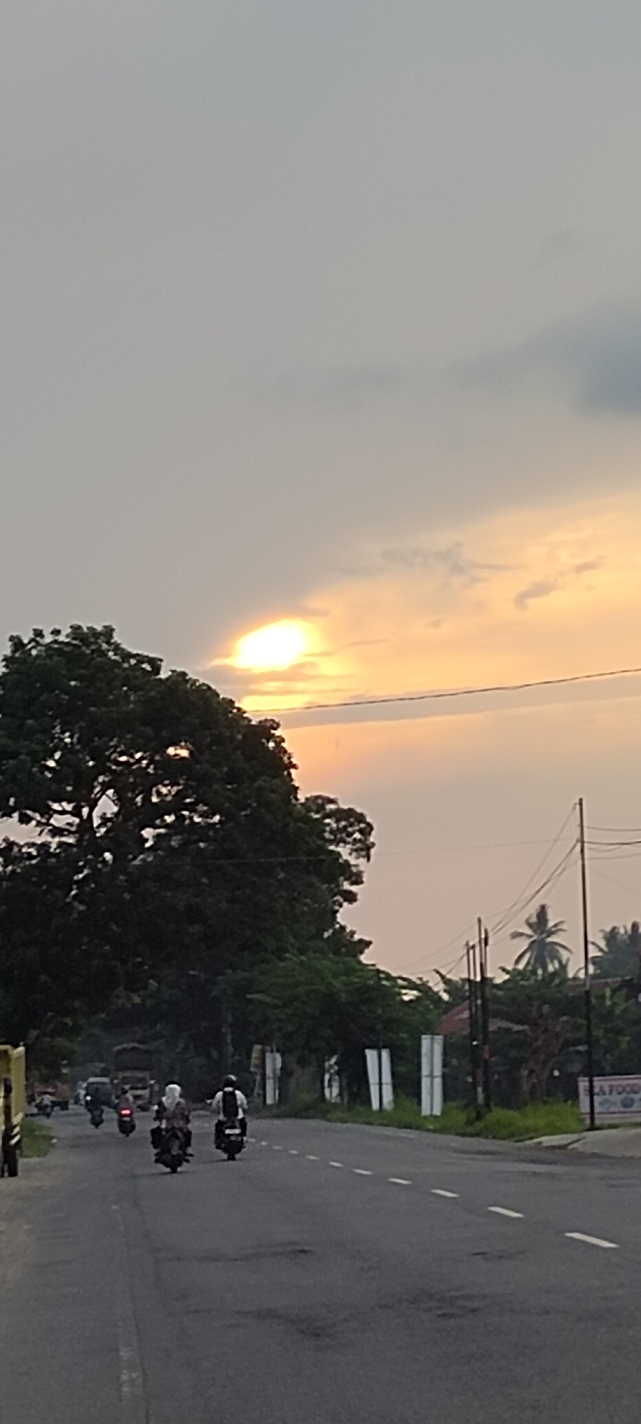The image captures a roadside scene in Keudeteupinpunti, Indonesia, during what appears to be either sunrise or sunset. The sky is a hazy blend of light gray and orange, with the sun partially obscured by clouds, casting a warm glow. In the foreground, a two-lane asphalt road stretches into the distance, marked with white dashed lines. Several motorcycles are present on the road. On the left side of the road, a large, mature tree with dense foliage dominates the landscape, partially obscuring a truck and other vehicles further down the road. The right side of the road features utility poles with overhead wires, sparse vegetation, and what appears to be a sign for "SEAFOOD." The overall atmosphere is that of a typical Indonesian street scene at dusk or dawn.