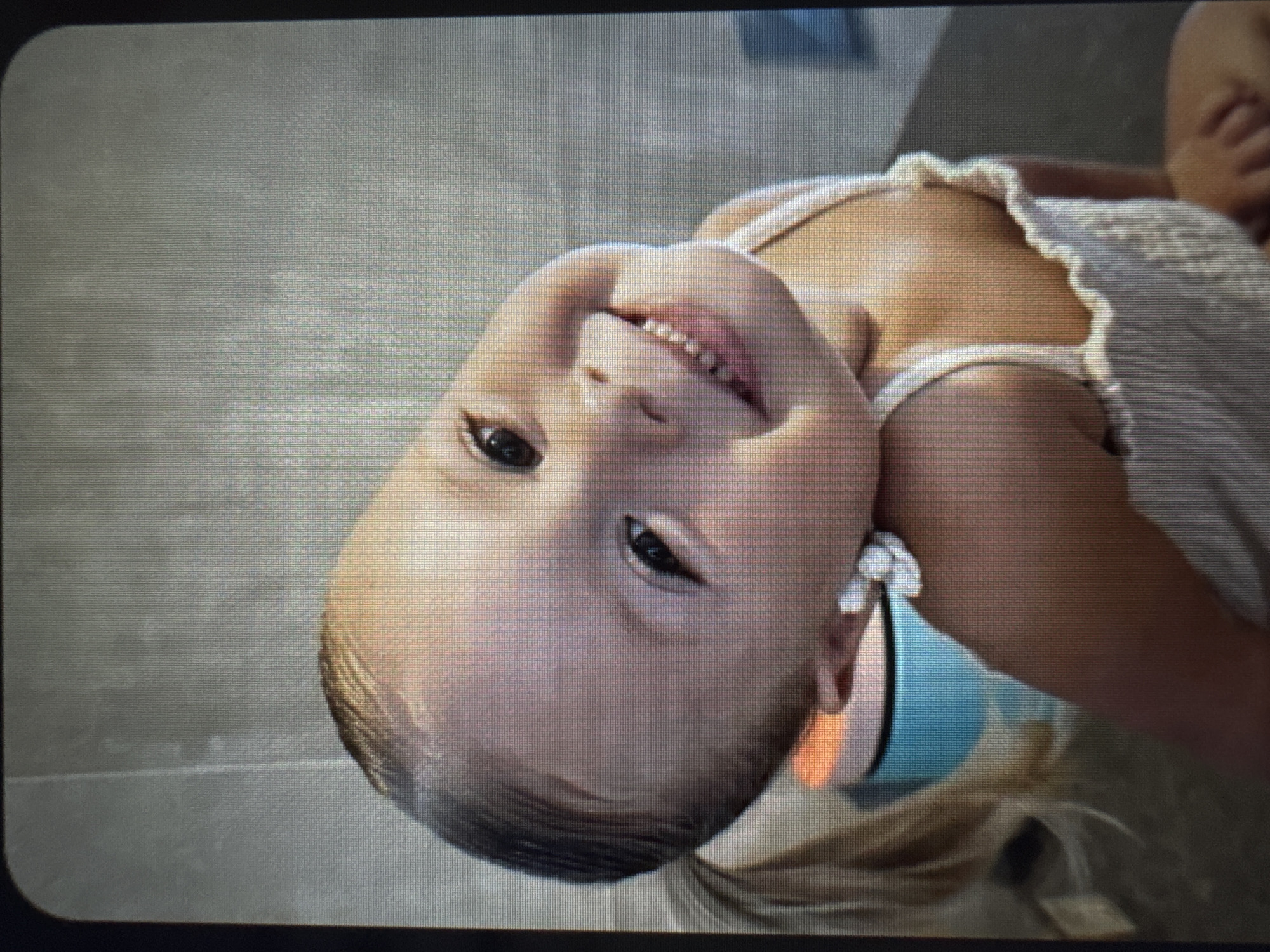 A close-up, rotated image depicts a young child, likely a girl, smiling joyfully and looking directly at the viewer. The child's head is tilted, presenting a wide, happy smile that reveals her small teeth. She has dark, engaging eyes and light-colored hair, possibly blonde or light brown, which appears to be pulled back into a small ponytail on the side.
The child is wearing a light-colored, possibly white or cream, sleeveless dress with ruffled or gathered straps. Partially visible near her ear and neck area are segments of a light blue and an orange object, which could be a toy or elements of the immediate background. The background consists of a textured, light gray surface, suggesting an indoor setting such as a floor or a bed.
The overall image quality indicates it is a photograph taken of a digital screen, evidenced by a distinct pixel grid pattern and slightly rounded corners. The primary activity is the child posing with a clear expression of happiness. No text is visible in the image. The exact location and time of day are indeterminate.
