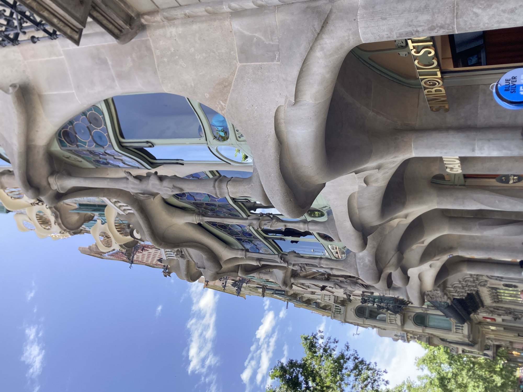 This is a vertical, wide-angle, close-up shot of the organic architectural facade of a building in Barcelona, Spain. The building's exterior is characterized by flowing, sculpted stone elements that resemble bones or organic forms, with large, arched openings that reveal windows with decorative blue glass. The stone itself is textured and appears weathered, with visible seams between large blocks.
The shot is taken from a low angle, looking upwards towards the sky. The sky is a clear, vibrant blue with scattered white clouds. Green trees are visible in the foreground, suggesting an outdoor setting during daylight.
In one of the arched openings, a golden sign reads "SYMBOLIC ST". Below that, another sign is partially visible, reading "GAUL". To the right, a circular blue sign with white text states "BLUE SILVER". These signs indicate that this is a commercial establishment. The overall impression is one of intricate, unusual architecture set against a bright, sunny day. The time of day appears to be midday or early afternoon. There are no people visible in the image.
