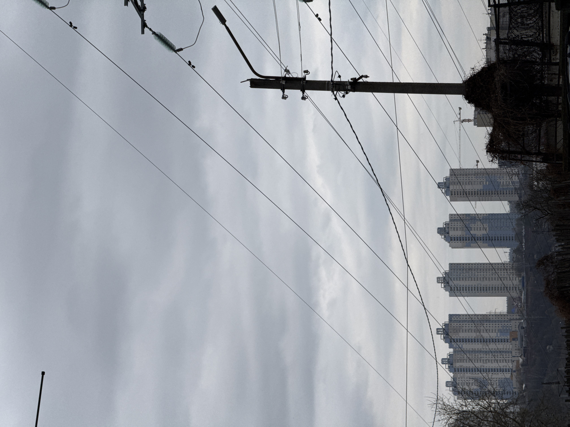 The image shows a cityscape in Perm, Russia, characterized by a cloudy sky and a network of power lines dominating the foreground. A utility pole stands prominently in the middle, supporting various electrical wires and a streetlight. Behind the pole, several tall apartment buildings rise in the background, partially obscured by the atmosphere. A construction crane is visible among the buildings. In the right foreground, dark foliage obscures a fence, adding depth to the scene.