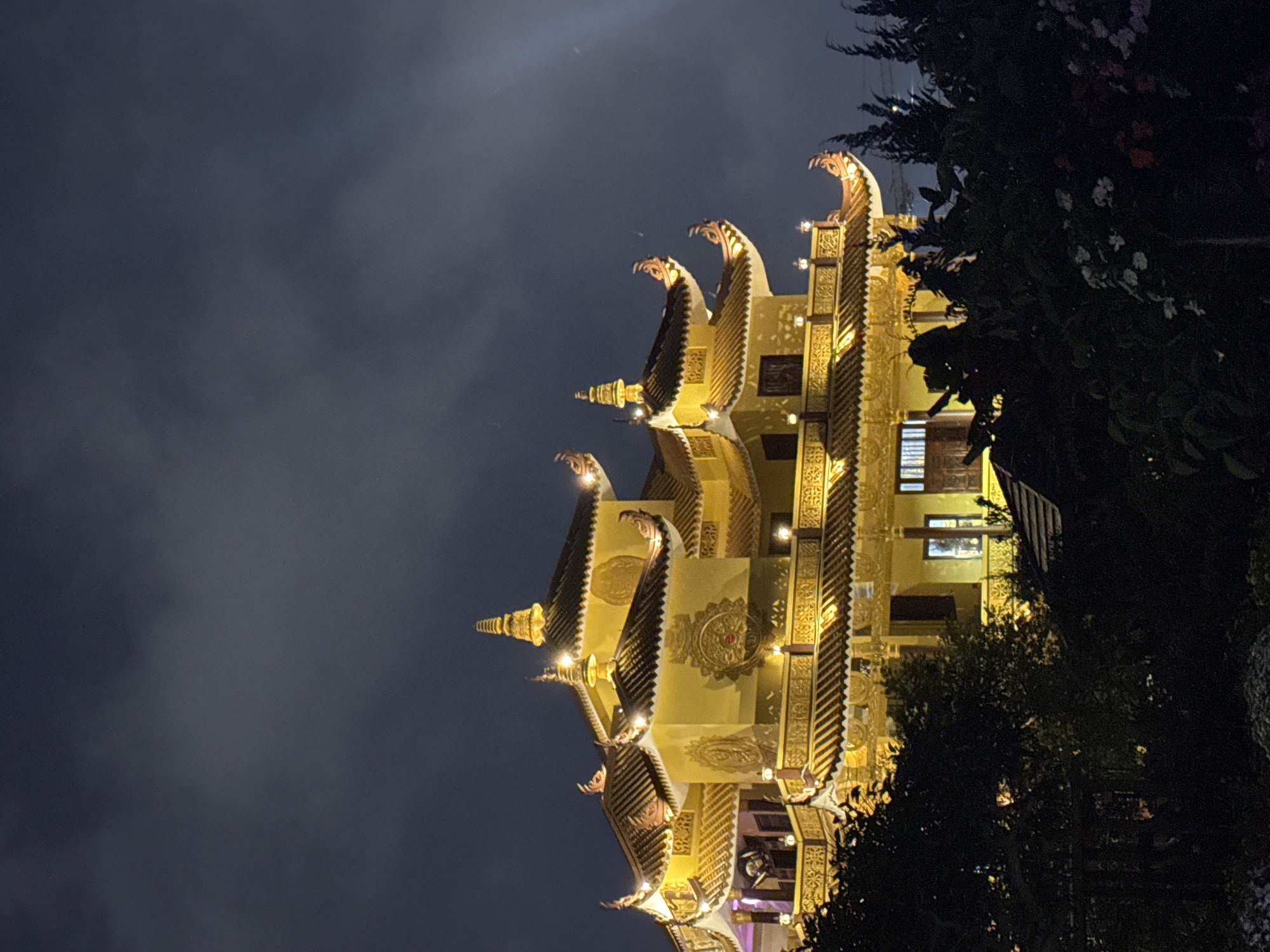 The image shows the pagoda of Linh Phong Monastery in Da Lat, Vietnam, at night. The multi-tiered structure is illuminated with golden lights, highlighting its ornate details. Dark clouds fill the sky behind the pagoda. Dense foliage, including trees and flowering bushes, are visible on the right side of the frame. No people are apparent.