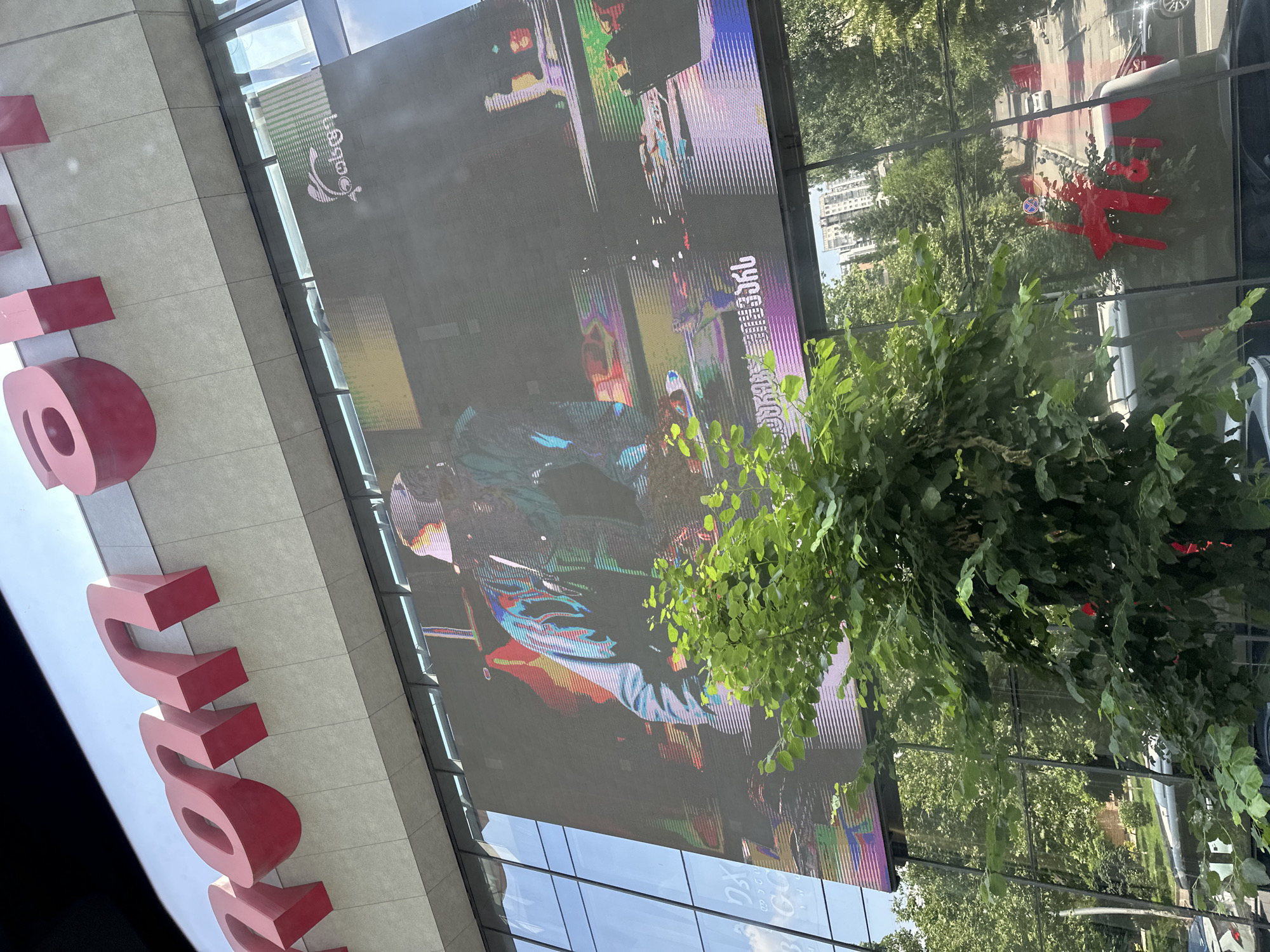 The image captures a street view in Tbilisi, Georgia, focusing on a large building with a prominent digital billboard. The billboard displays a colorful image of a person appearing to be a DJ, with abstract digital patterns and text overlaid. Above the billboard, large red letters spell out "Gostra," which is likely the name of a business or brand. The building itself has a modern facade with large glass windows, reflecting the surrounding greenery and cityscape. A lush green tree with dense foliage partially obscures the lower part of the billboard and the building's glass. In the reflection on the glass, a street with buildings and trees can be seen, along with vehicles. Notably, a large red bow is visible on some greenery in the reflection, hinting at a festive decoration. The overall scene suggests a lively urban environment, possibly a shopping district or entertainment venue.