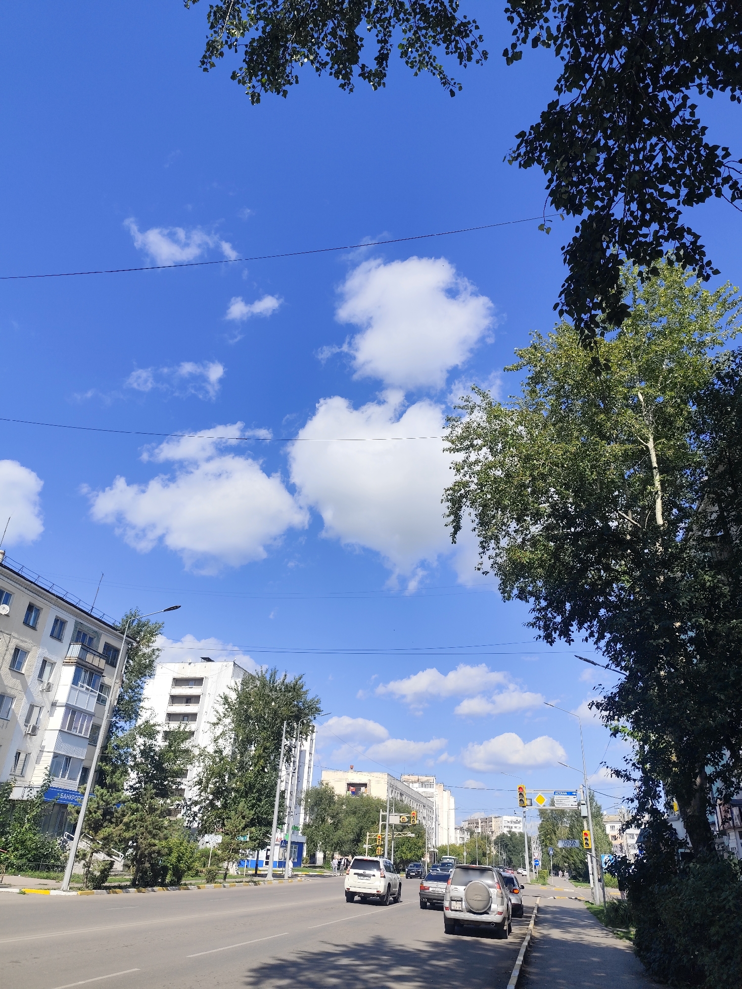 The image depicts a street scene in the city of Petropavl, Kazakhstan. The viewpoint is from street level, looking down a road with traffic. On the left side of the road are multi-story apartment buildings, one with a blue sign visible that reads "БАНКРОТС". Trees are planted along the sidewalk. On the right side of the road, there is a sidewalk and more trees. In the distance, there are more buildings and traffic lights. Several cars are visible on the road, including a white SUV on the right and other vehicles moving in the same direction. The sky is blue with scattered white clouds. The overall impression is of a typical urban environment on a sunny day.