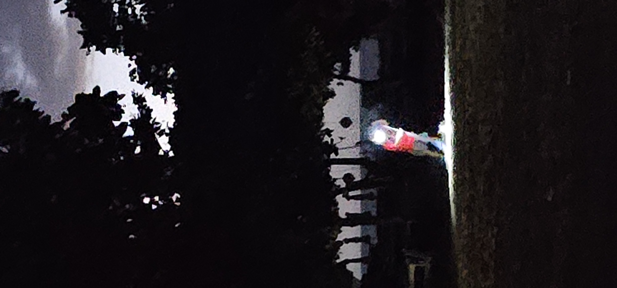 The image appears to be taken at night, possibly in a residential area of Denpasar, Indonesia. A light source illuminates what seems to be a building or tower structure with multiple levels. The light also falls on a nearby tree trunk. The image is dark, with tree branches and foliage obscuring parts of the scene. There is a red and white figure beside the structure, and the sky is visible through gaps in the trees.