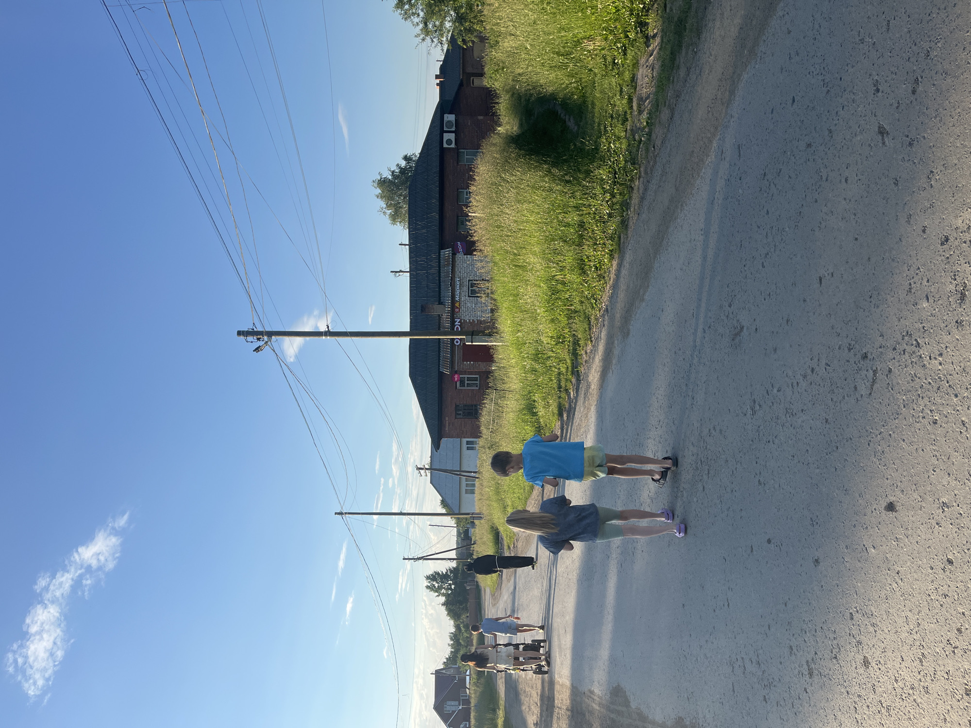 In Бруснятское, Russia, a group of people walks down a paved road lined with tall grass on the right and houses on the left. In the foreground, two children, a girl and a boy, walk away from the camera. The girl has long blonde hair and wears a blue-grey t-shirt and green shorts. The boy has short brown hair and wears a bright blue t-shirt and yellow shorts. Behind them, a woman pushes a stroller, followed by another child. Further down the road, a figure in a black robe walks away from the camera. Several utility poles with overhead wires are visible along the road, and houses with various roof styles are scattered throughout the background. The sky is a clear blue with a few wispy clouds. The overall scene depicts a peaceful summer day in a rural Russian village.