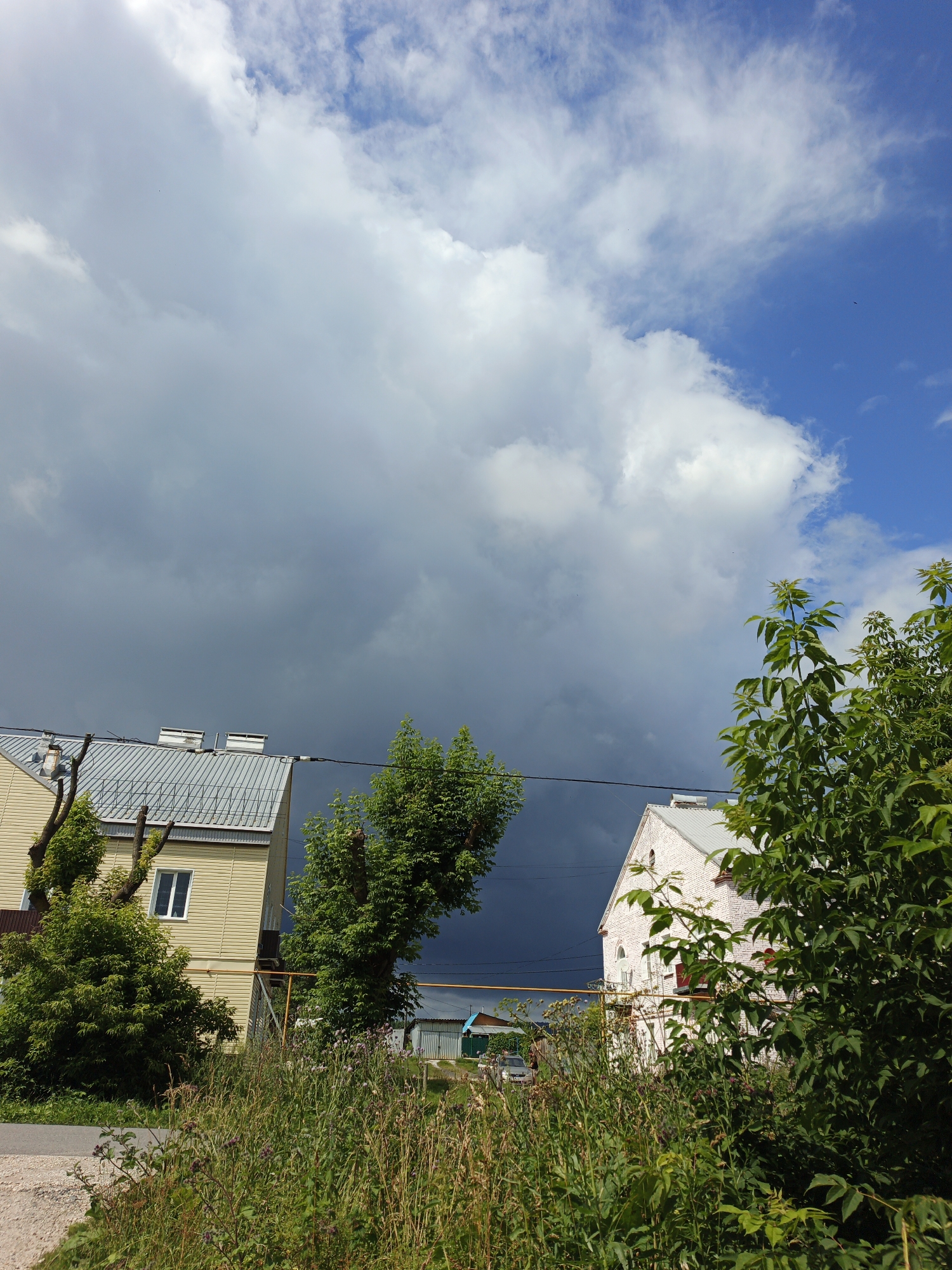 The image depicts a suburban scene in Medvedyovka, Russia, under a dramatic sky that transitions from bright blue with scattered white clouds to dark, ominous storm clouds. In the foreground, lush green foliage and tall, dry grasses line a gravel and asphalt road. Two houses are visible: a light yellow, two-story building with a corrugated metal roof and a white-framed window on the left, and a white brick building with a gray metal roof and arched windows on the right. Trees with pruned branches frame the houses. A yellow pipe runs horizontally across the scene, connecting the two properties. In the background, distant structures and more greenery are visible under the turbulent sky. The overall impression is one of an approaching storm in a rural or semi-rural setting.