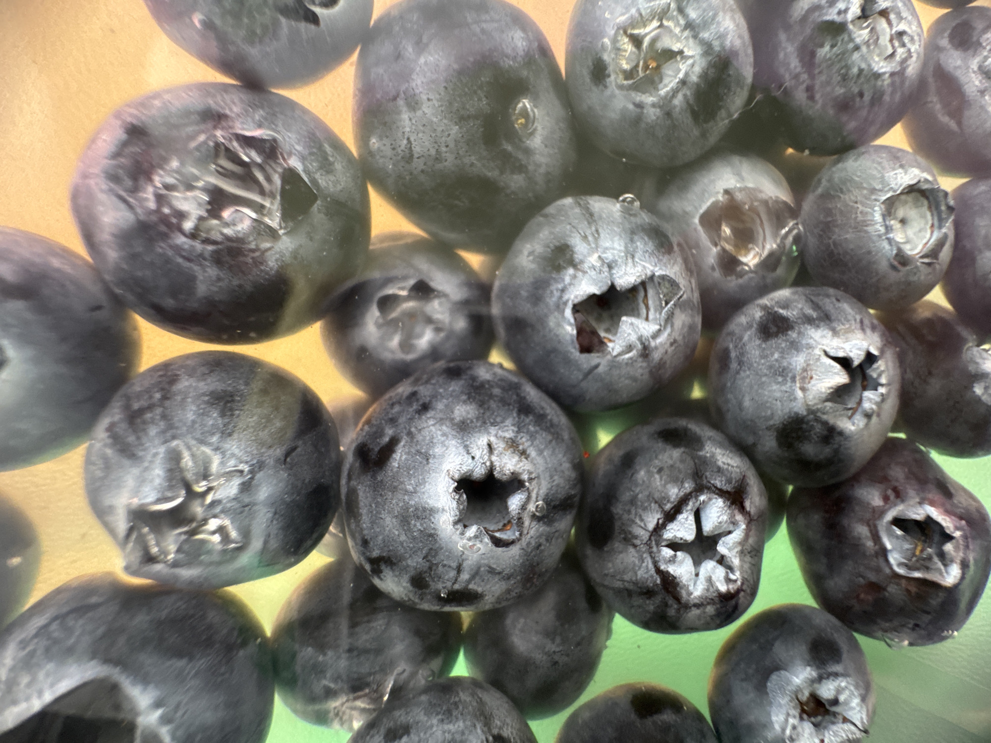 A close-up, overhead, eye-level shot shows a collection of blueberries. The blueberries are a deep blue, with some exhibiting a lighter, powdery bloom. Many of the berries have a visible calyx end, appearing as a star-shaped indentation. The lighting creates a gradient background effect, shifting from a bright yellow at the top to a green hue at the bottom. The blueberries appear to be submerged in a clear liquid, with small bubbles visible on the surface of some berries. The overall impression is one of freshness and natural texture. The image does not depict any specific location in Moscow, Russia.