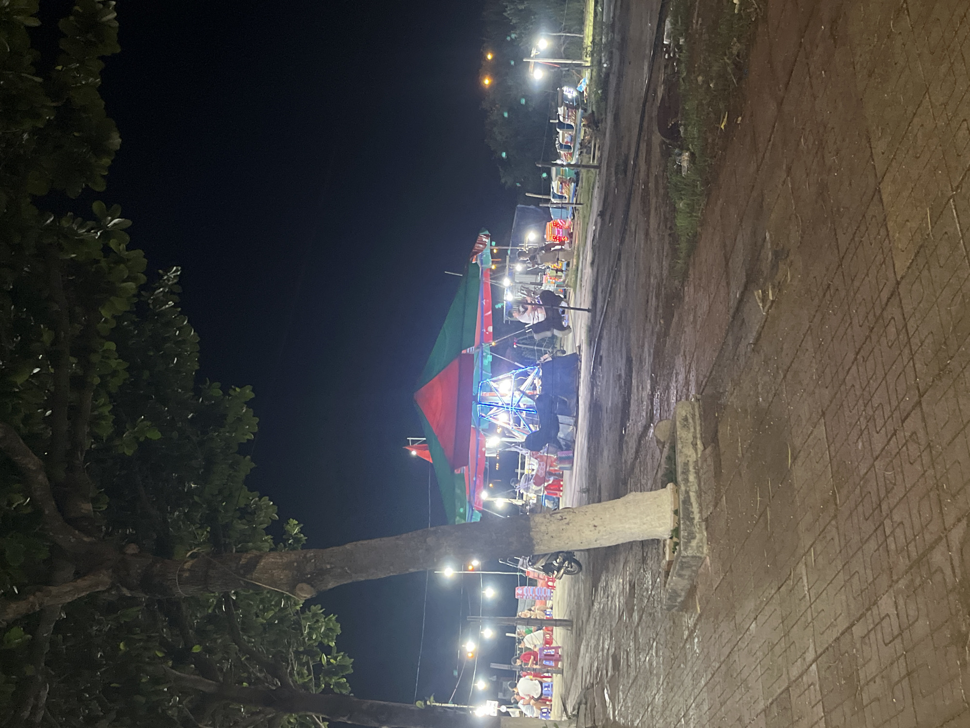 This nighttime photograph depicts a scene in Bac Nha Trang Ward, Vietnam. A large tree with thick foliage is prominent on the left side of the frame. In the center, a fairground ride or carnival attraction with a red and green tent-like structure is illuminated with bright lights. People appear to be riding the attraction.
To the right, there is a paved area resembling a sidewalk or walkway. Further in the background, streetlights illuminate an area where people are sitting at tables, potentially a food or beverage establishment. A motorcycle is parked nearby. The overall environment appears to be a public space along a street or promenade.