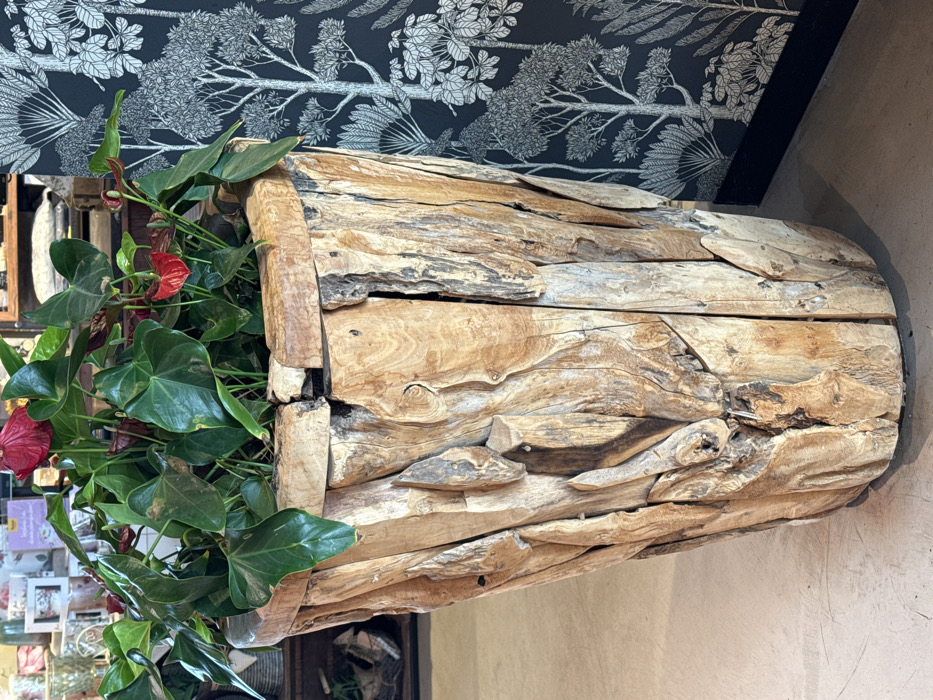 A tall, tapered cylindrical planter, constructed from irregularly shaped, light-brown wood pieces, stands centrally on a light-colored floor in a retail setting within Altenheim, Germany. The planter contains a mature Anthurium plant, characterized by numerous glossy, dark green, heart-shaped leaves and several prominent red spathes with visible yellow spadices. The wood of the planter displays varied grain, texture, and natural imperfections. To the immediate left of the planter, a blurred background reveals shelves with various merchandise, including glassware and smaller plant arrangements. To the right, a wall is covered with dark wallpaper featuring a pattern of stylized light-grey trees and foliage, above a dark-colored baseboard. No individuals are visible in the scene.
