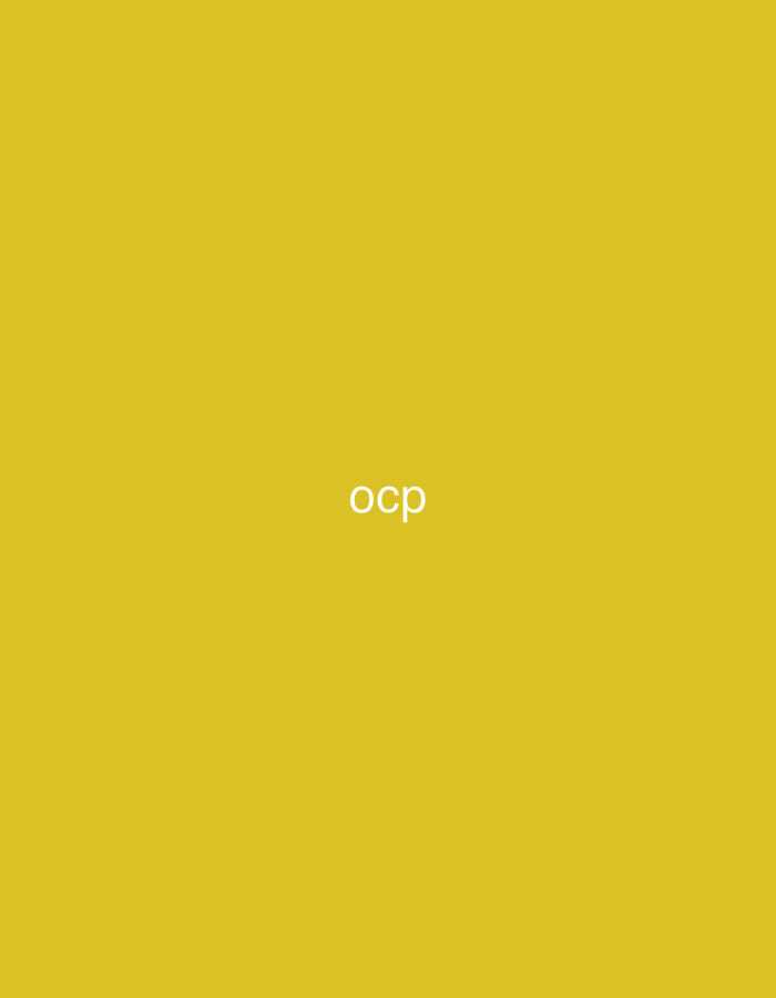 This digital image, originating from Casablanca, Morocco, displays a uniform mustard yellow background. Centered within the frame are the lowercase letters 'ocp', rendered in a light grey, sans-serif typeface. The image contains no other discernible subjects, objects, people, actions, interactions, or environmental elements, consisting solely of text against a monochromatic digital field.