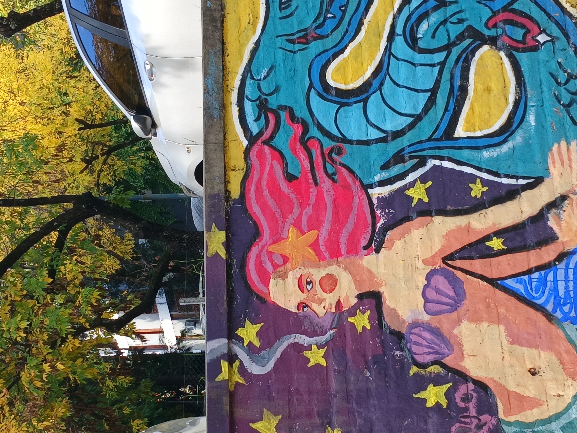 The image shows a mural depicting a mermaid with red hair and a starfish in her hair. She is wearing seashell bra cups and surrounded by stars. Above her is a multi-headed sea monster. The mural is painted on a textured wall next to a white car and a tree with yellowing leaves. The location appears to be an outdoor space in Buenos Aires, Argentina.