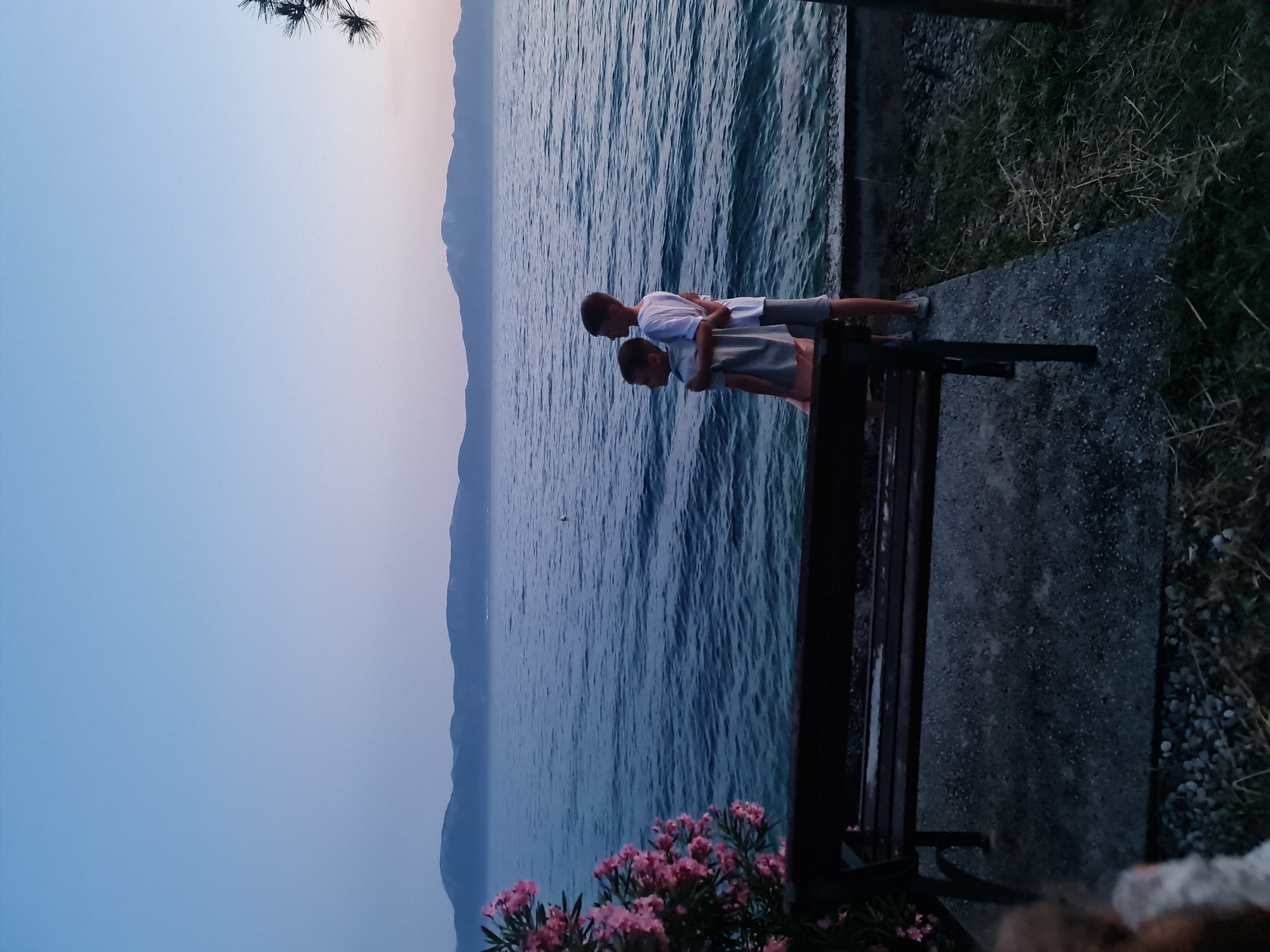 Two young boys stand hugging each other on a paved area next to a body of water, likely the Adriatic Sea, in Brist, Croatia. The sky is a gradient of deep blue at the top to pale pink and purple near the horizon, indicating dusk. In the background, a range of mountains is visible against the fading light. To the left of the boys, a dark wooden bench sits on the concrete. In the foreground, a cluster of pink flowers is in bloom, and to the right, dry grass and pebbles are visible. The water is choppy, with small waves lapping at the shore.