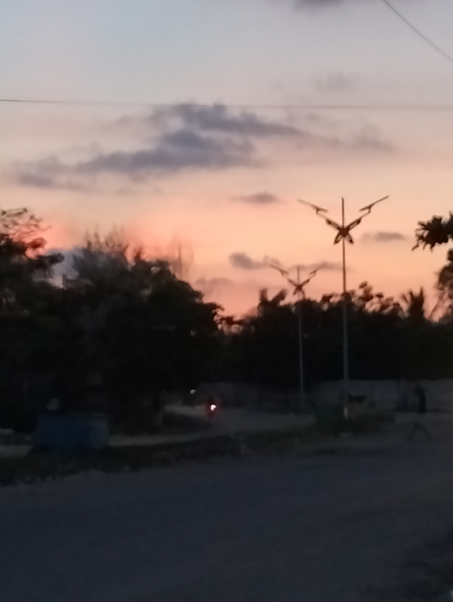 The image captures an outdoor scene at twilight in Lhokseumawe, Indonesia, likely during sunset, with a vibrant sky contrasting against dark silhouettes. The sky dominates the upper half of the frame, displaying a gradient of soft pale blue at the top transitioning into warm pink and orange hues towards the horizon. Scattered dark gray clouds are visible across the sky. A thin, dark horizontal wire or cable stretches across the upper portion of the sky.
In the middle ground, a dense band of trees and foliage is silhouetted against the bright sky, appearing almost entirely black. Two distinctive streetlights, featuring ornate, butterfly-like or bird-like fixtures, stand tall. One is prominently positioned on the right side of the frame, extending above the treeline, while a second, smaller one is visible further back and to the left.
The foreground consists of a dark, unpaved or asphalt road. On the left side of the road, a dark blue rectangular object, possibly a container or small structure, is present. Further down the road in the distance, a small, bright red light is visible, suggesting a moving vehicle, likely a motorcycle, or a distant person. The overall scene conveys a peaceful and serene atmosphere as daylight fades. No visible text is present in the image.